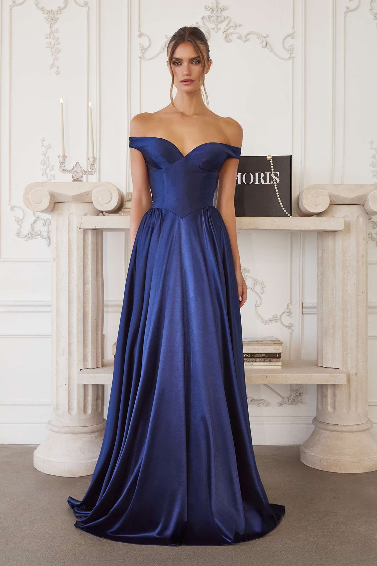 Amoris T821 Off Shoulder Sweetheart Neck Satin A-Line Dress