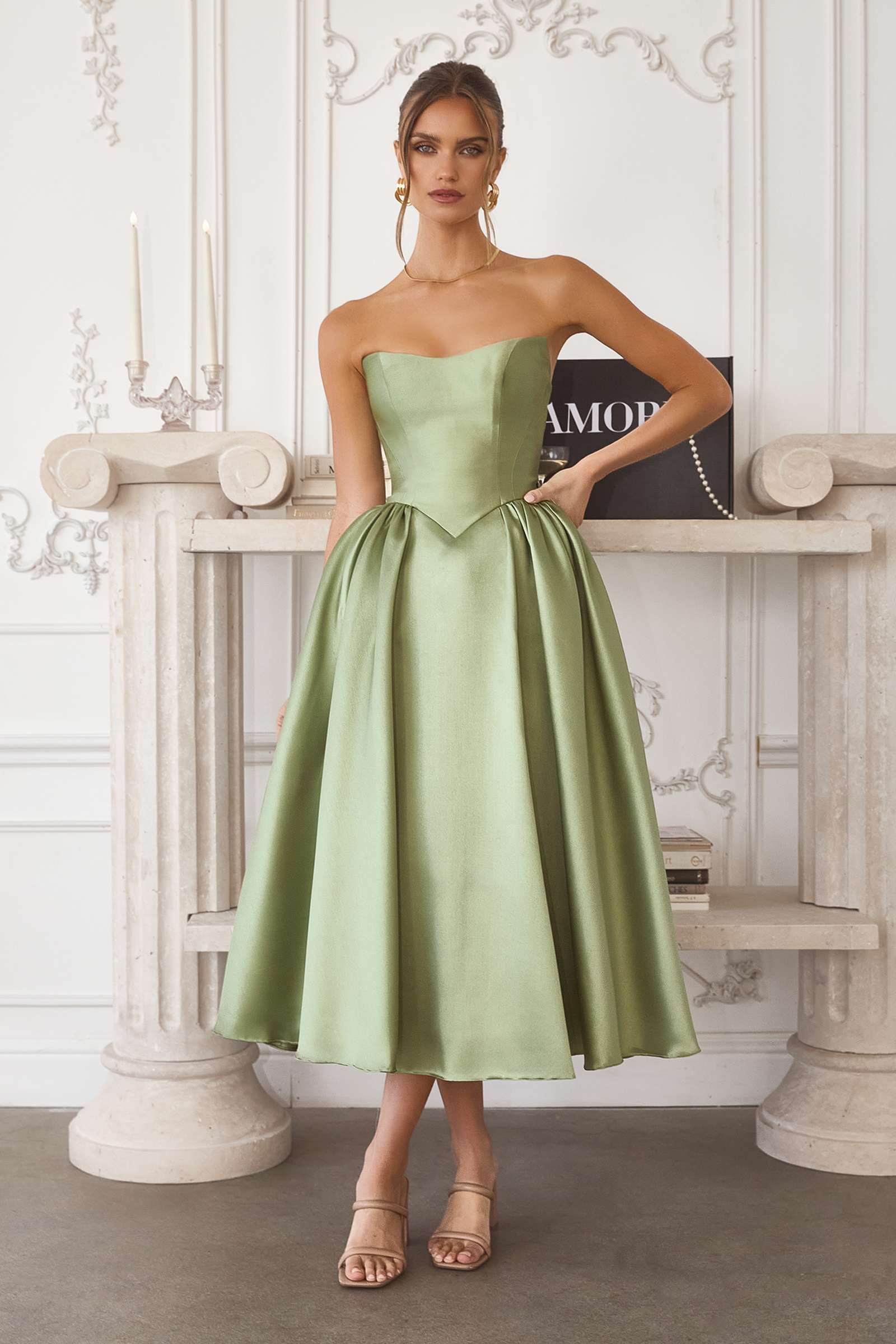 Amoris T822 Elegant Mikado Midi Timeless Strapless Gown