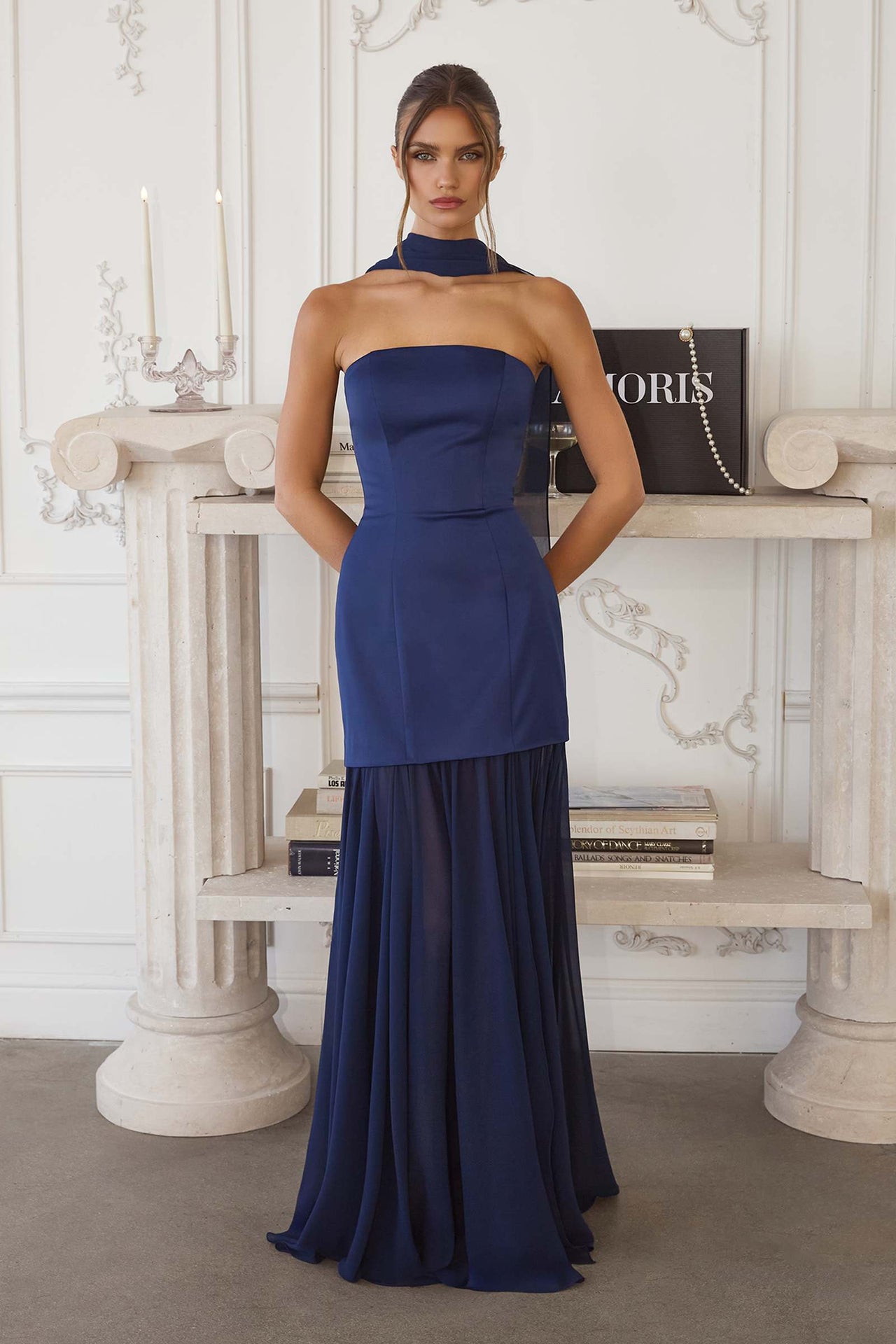 Amoris T825 Strapless Satin Bodice Pleated Chiffon Skirt Fitted Dress
