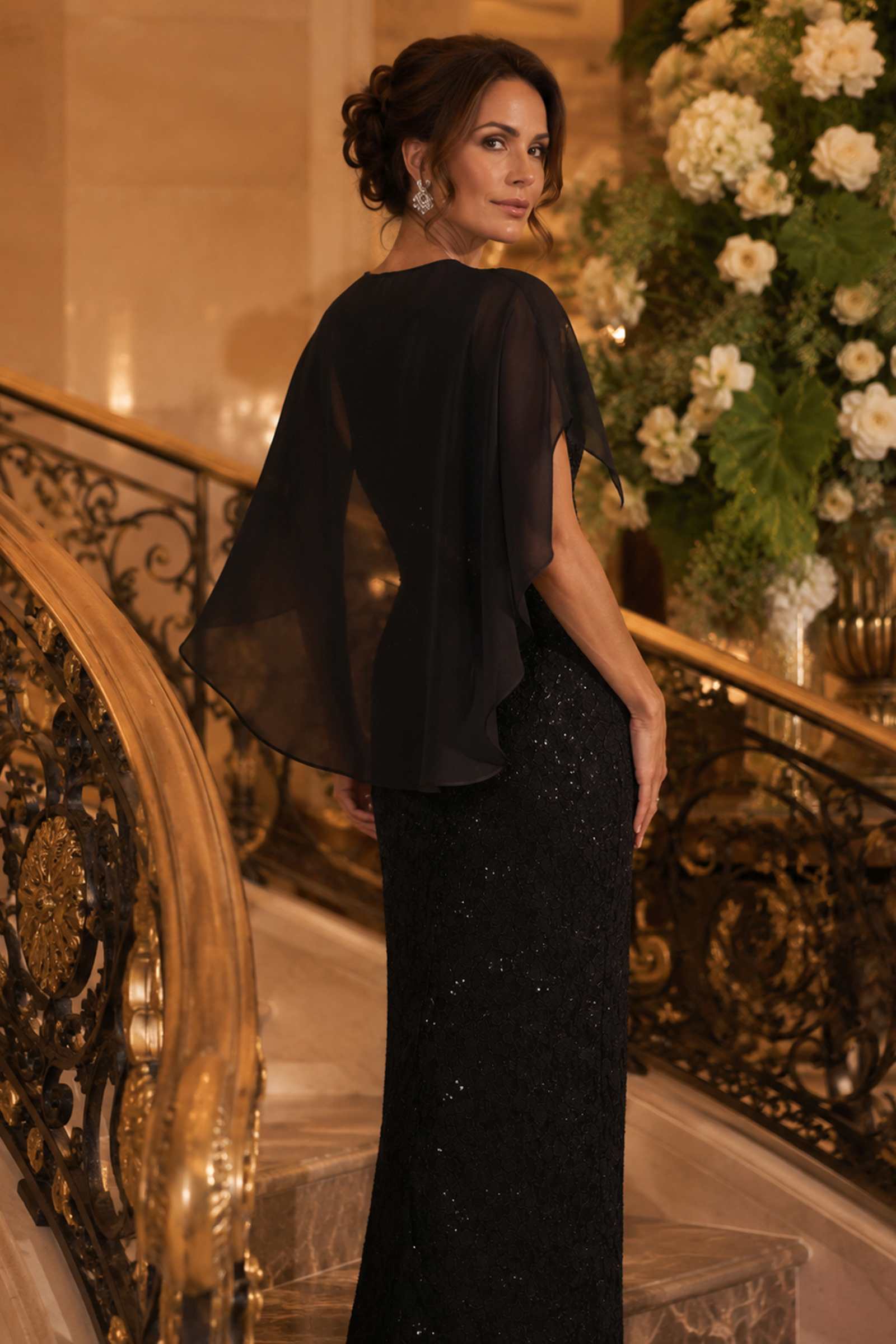 Amoris T906 Sequin Lace Gown Detachable Sheer Cape Overlay