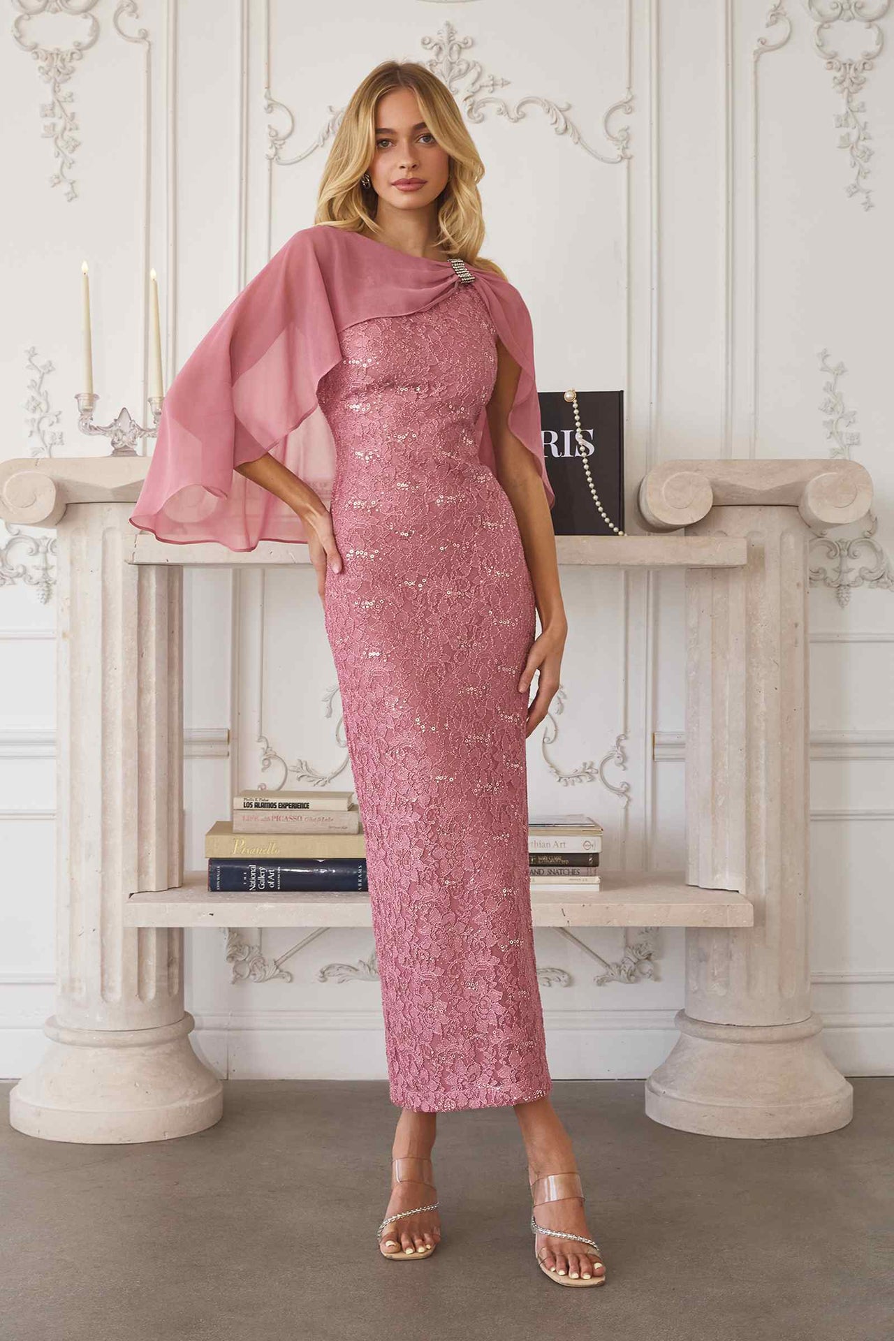 Amoris T906 Sequin Lace Gown Detachable Sheer Cape Overlay