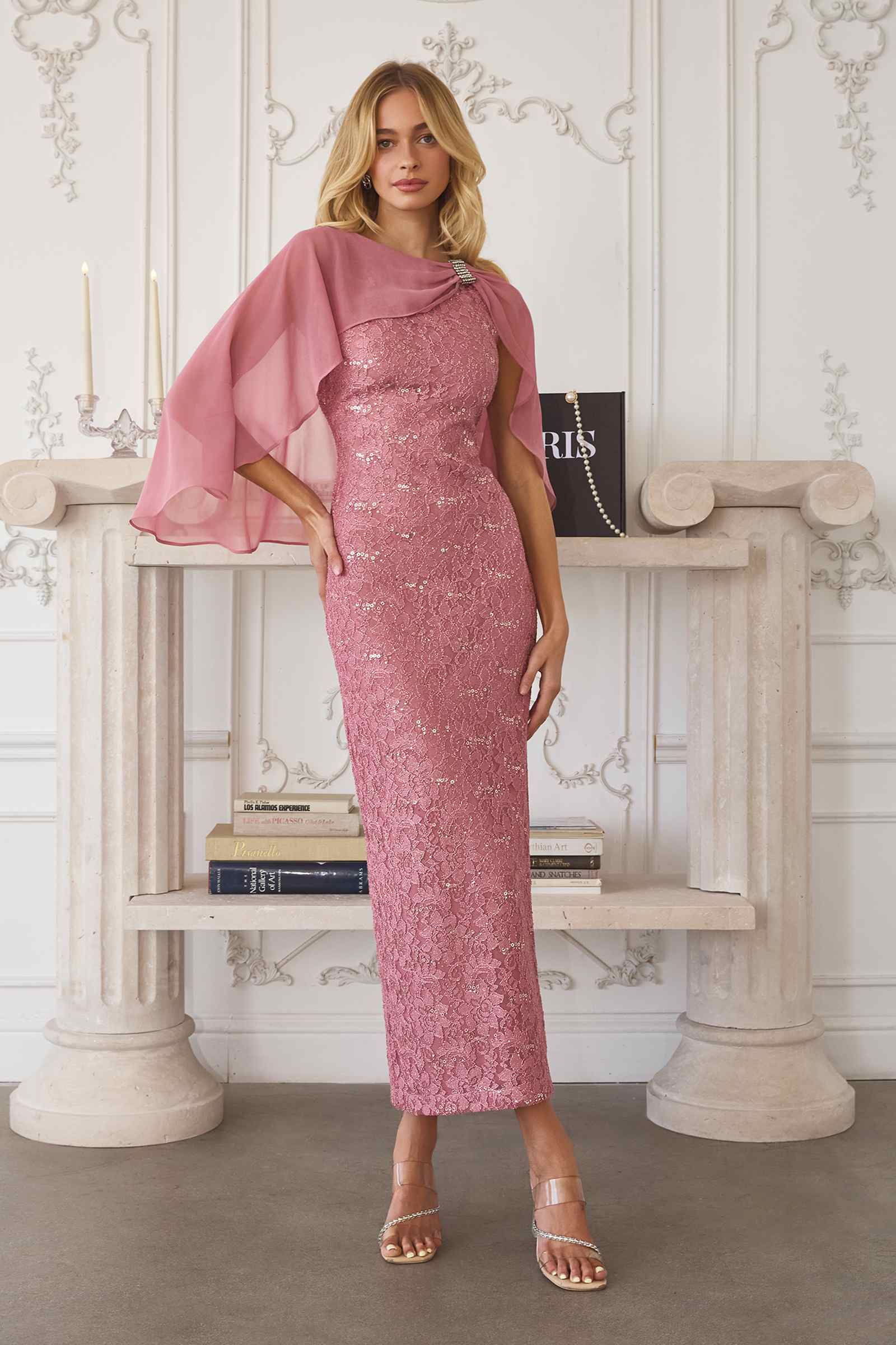 Amoris T906 Sequin Lace Gown Detachable Sheer Cape Overlay