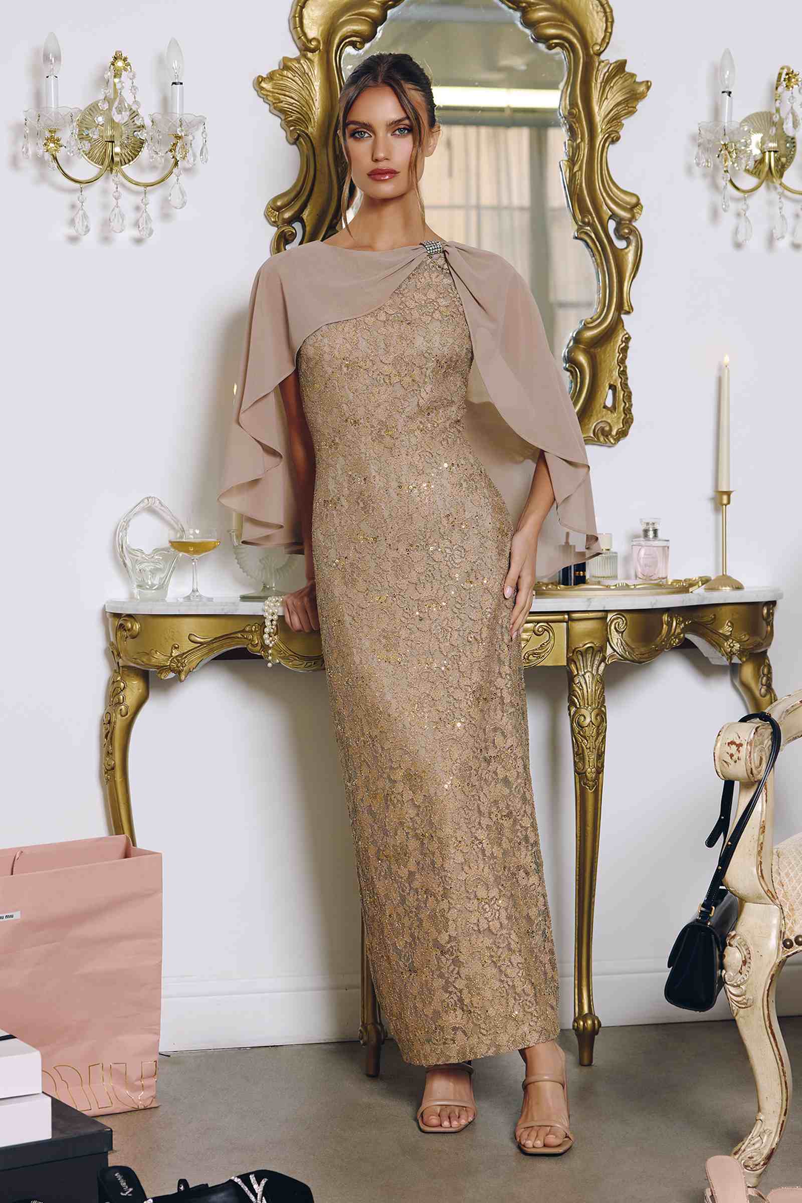 Amoris T906 Sequin Lace Gown Detachable Sheer Cape Overlay