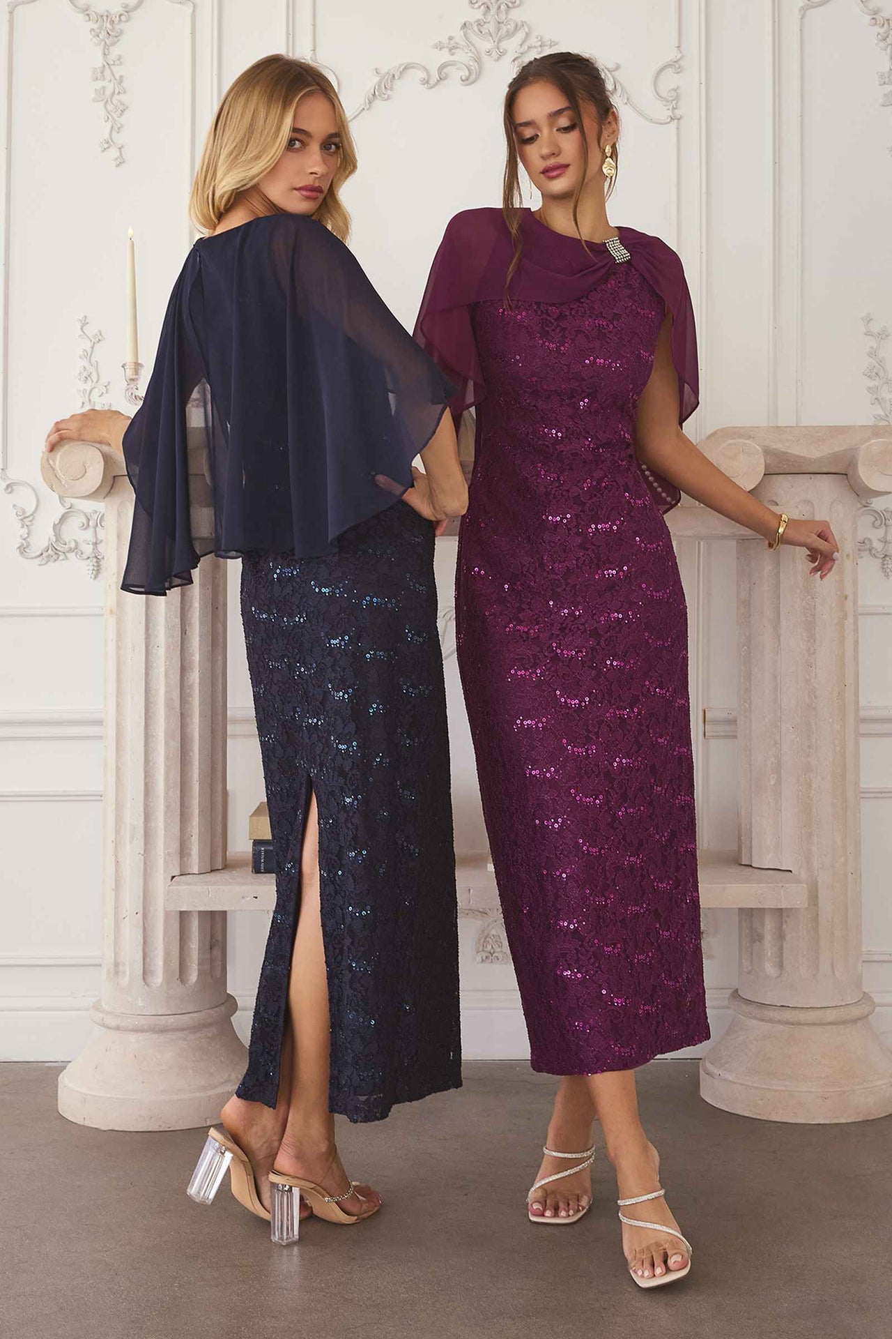 Amoris T906 Sequin Lace Gown Detachable Sheer Cape Overlay