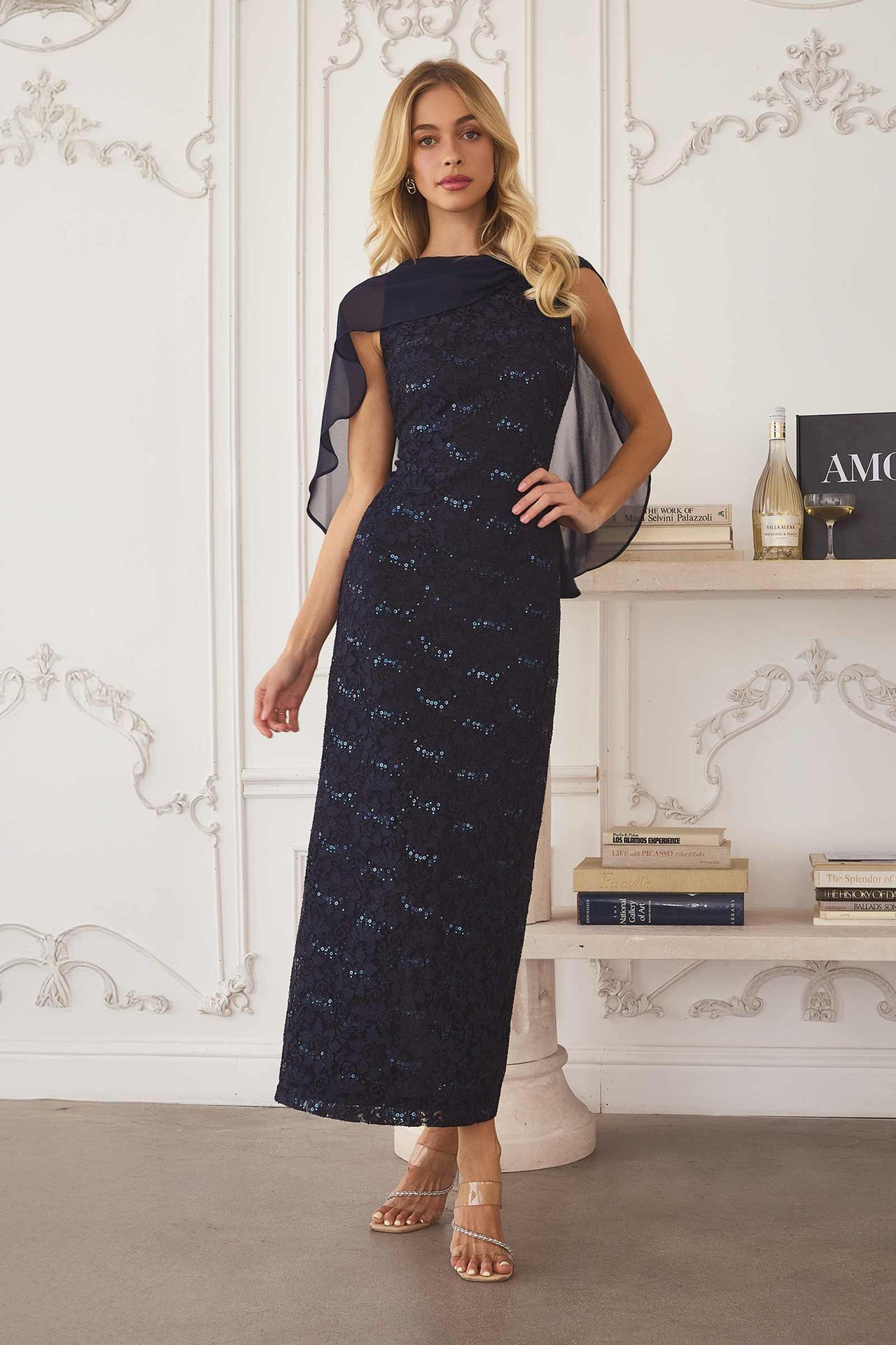 Amoris T906 Sequin Lace Gown Detachable Sheer Cape Overlay