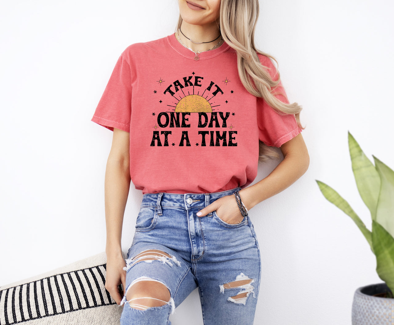 Take It One Day At A Time Let Go Mental Health Self Care Positivity Sun Stars Comfort Colors Tee