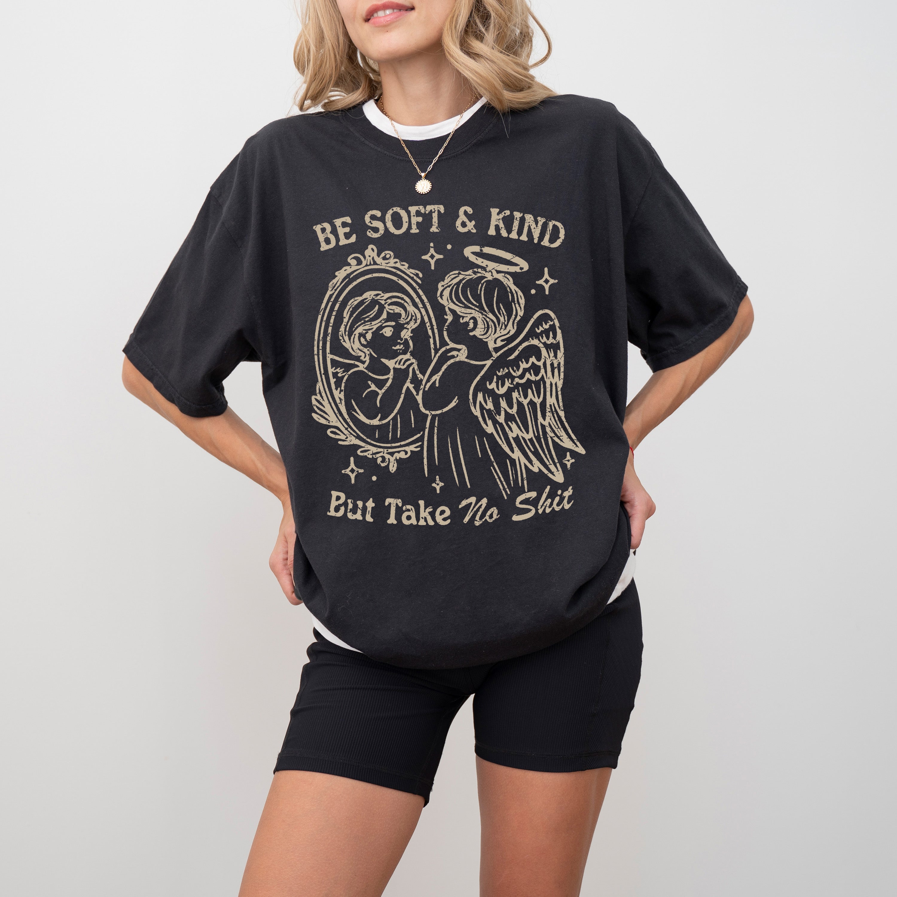 Take No Shit Angel Be Kind Meme Quote Bold Attitude Statement For Everyday Wear And Confidence Comfort Colors Tee