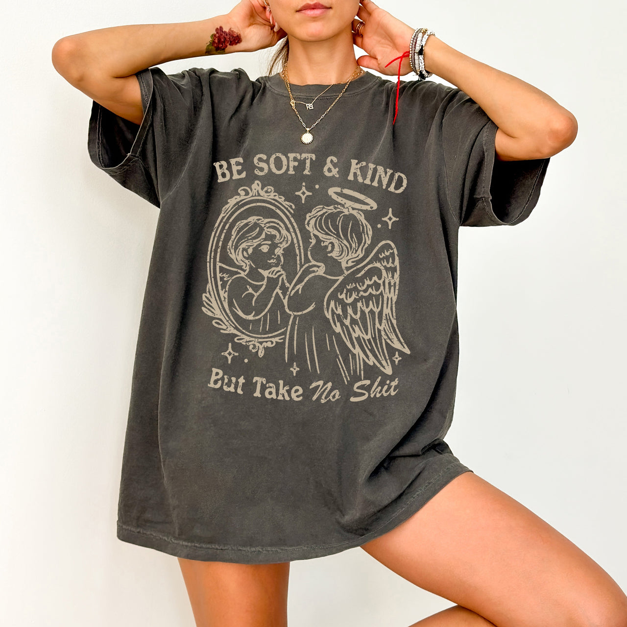 Take No Shit Angel Be Kind Meme Quote Bold Attitude Statement For Everyday Wear And Confidence Comfort Colors Tee