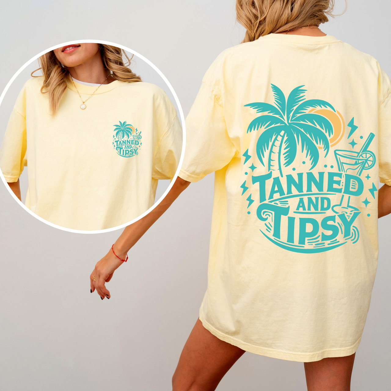 Tanned and Tipsy Beach Fun Drinking Summer Front and Back Edition Comfort Colors Tee