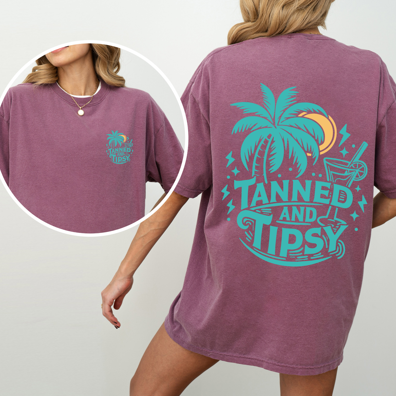 Tanned and Tipsy Beach Fun Drinking Summer Front and Back Edition Comfort Colors Tee
