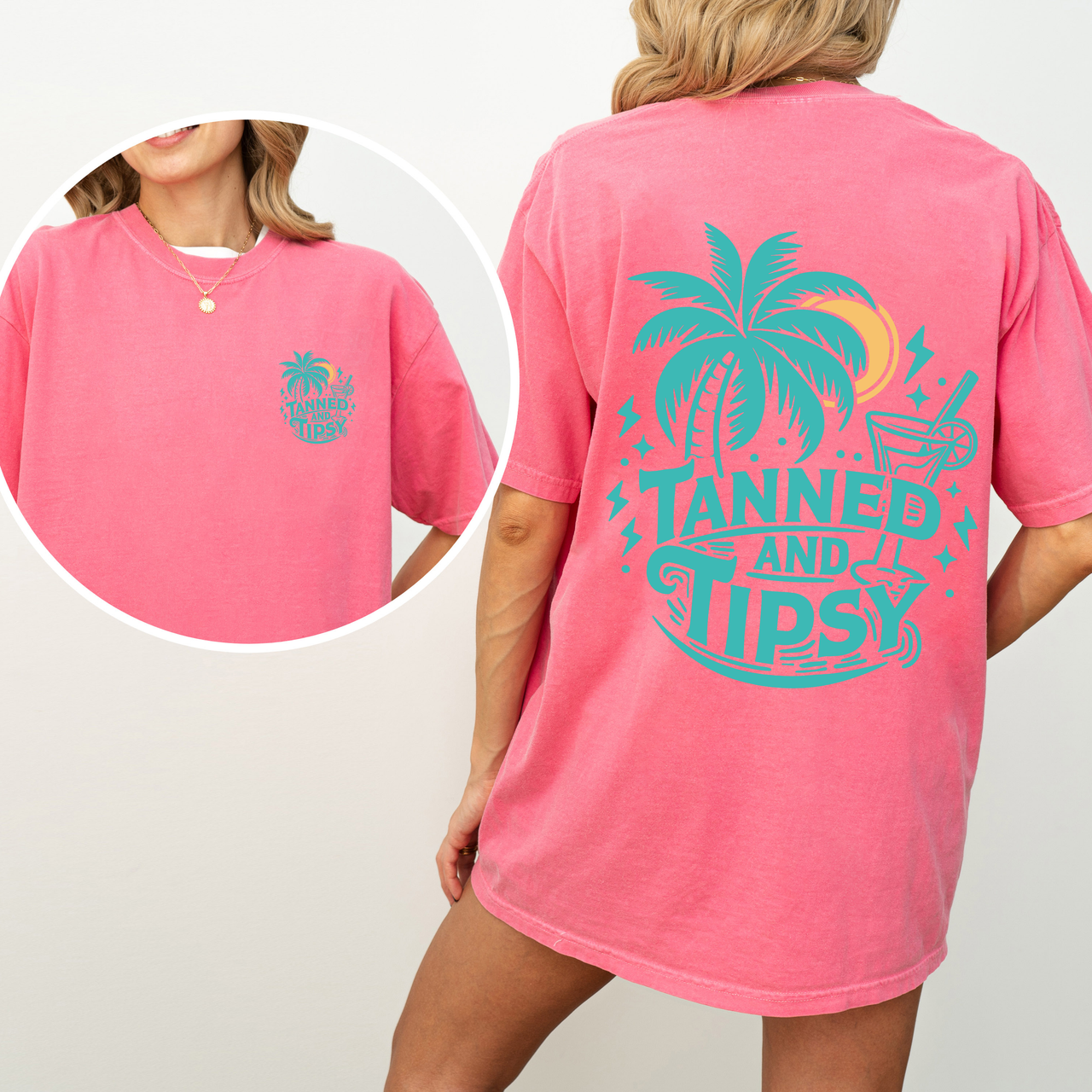 Tanned and Tipsy Beach Fun Drinking Summer Front and Back Edition Comfort Colors Tee