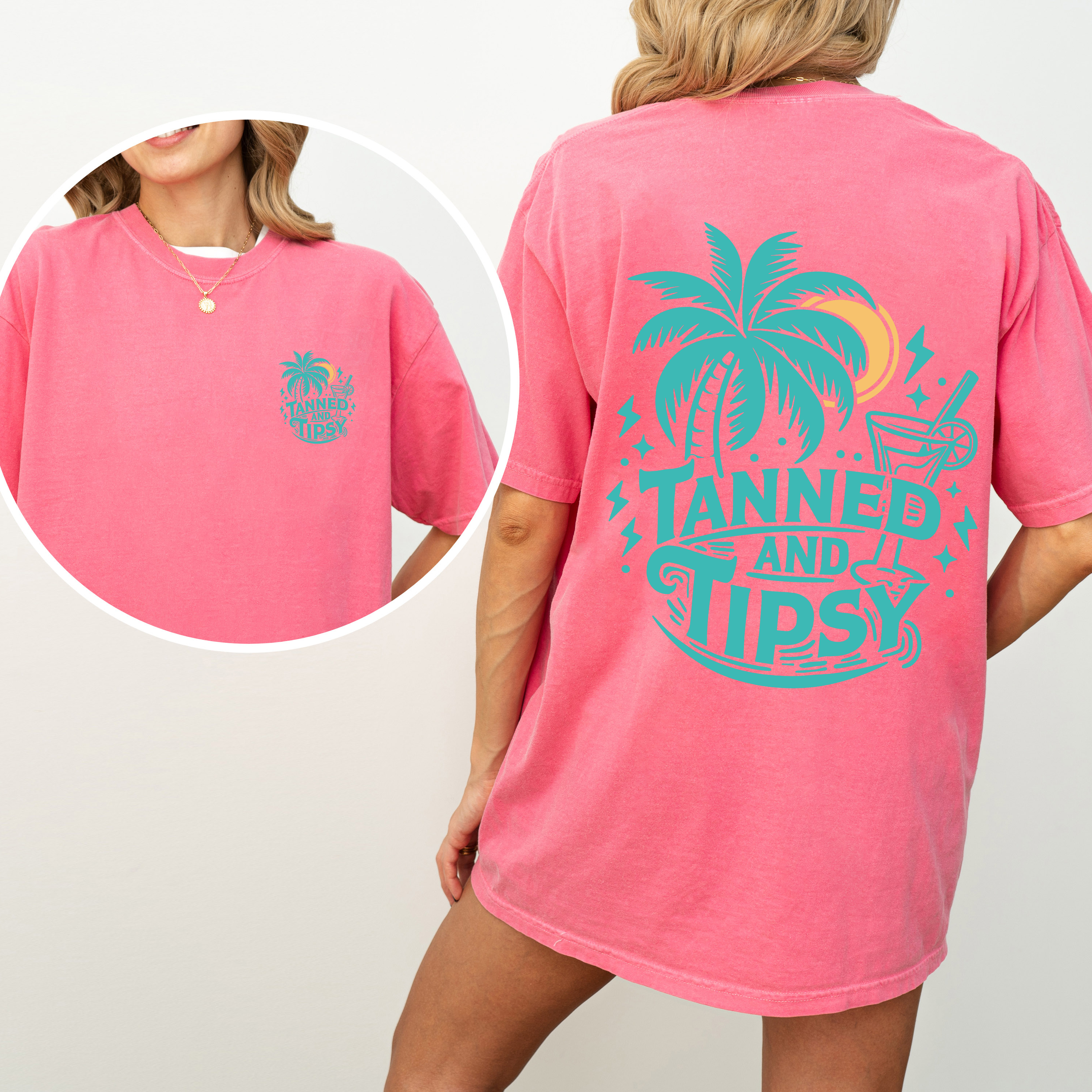Tanned and Tipsy Beach Fun Drinking Summer Front and Back Edition Comfort Colors Tee