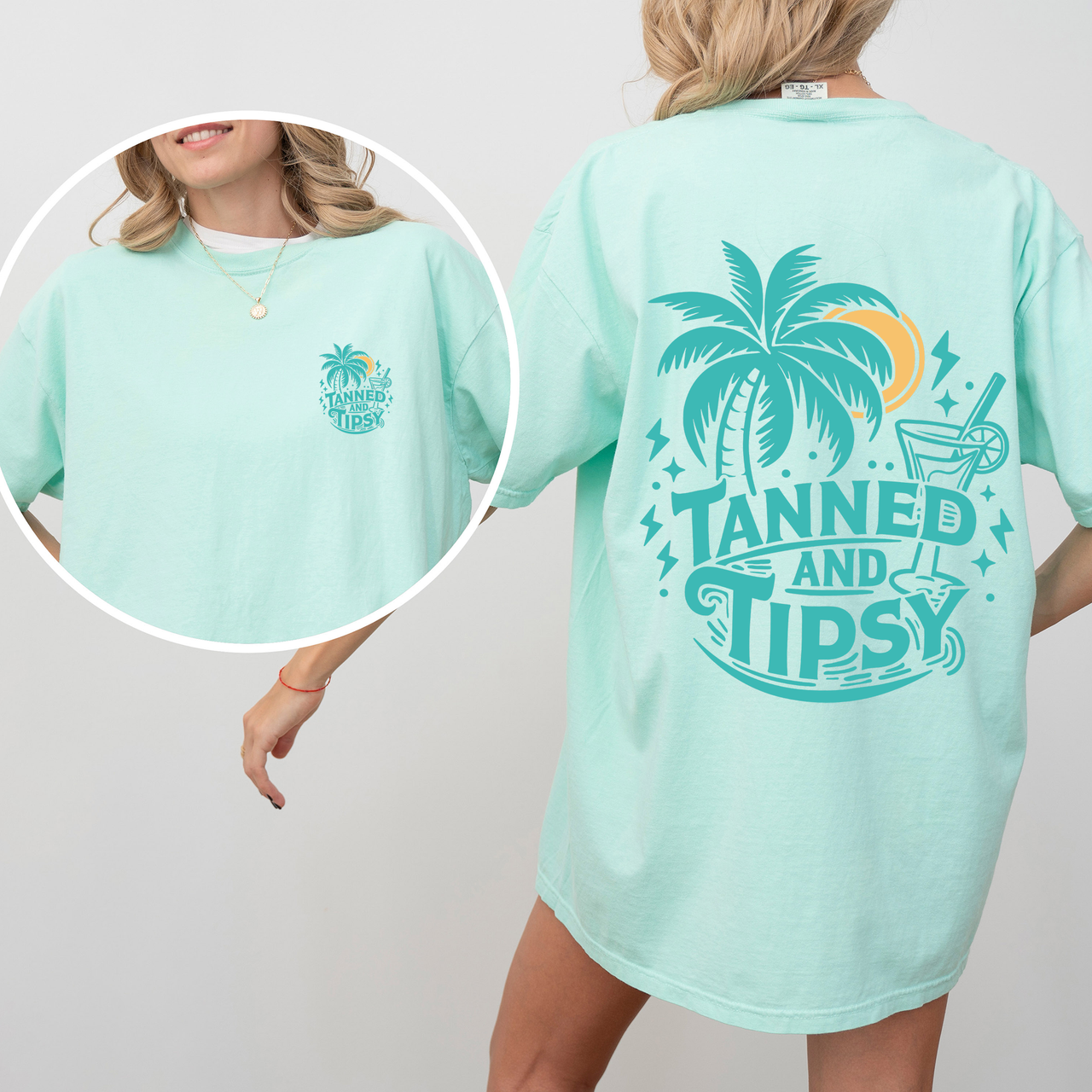 Tanned and Tipsy Beach Fun Drinking Summer Front and Back Edition Comfort Colors Tee