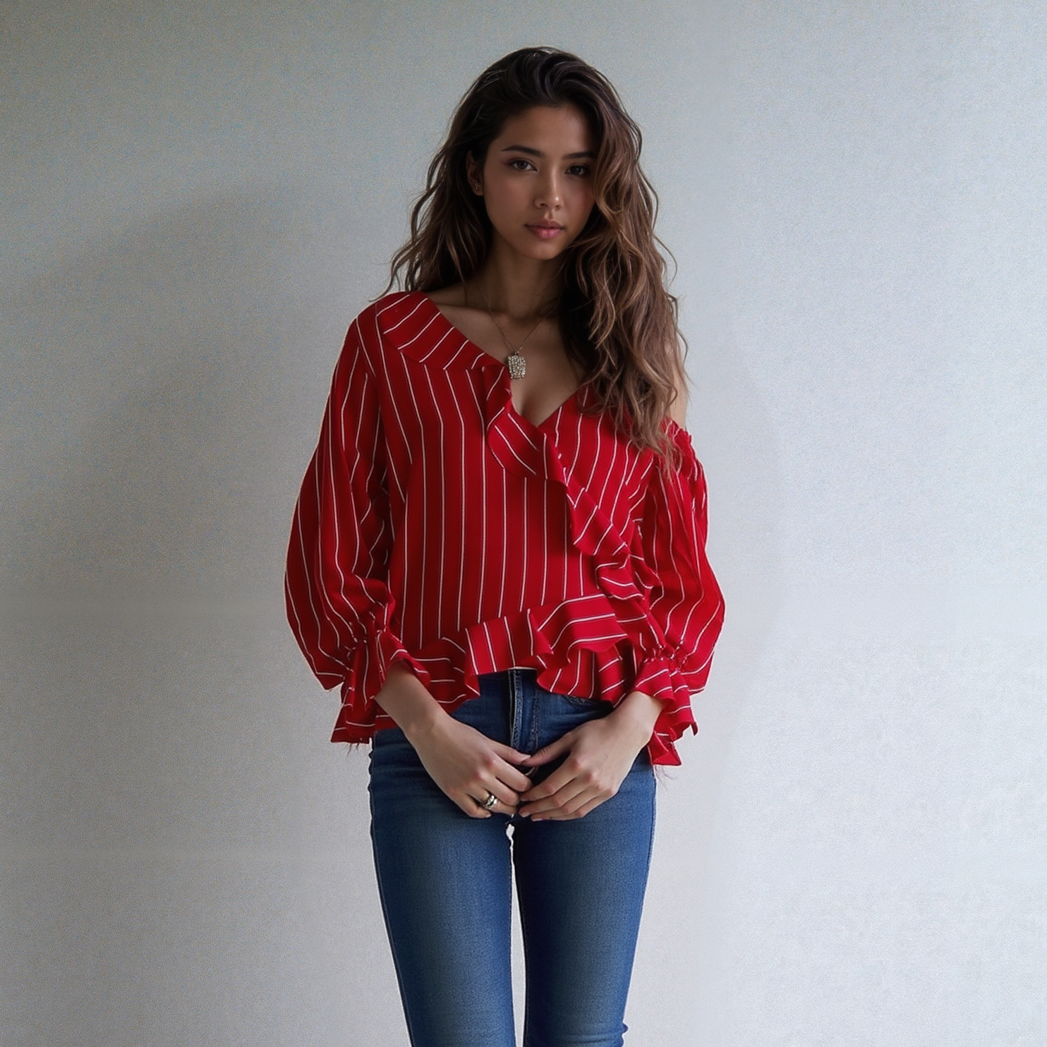 Women's Asymmetrical Shoulder Ruffle Blouse in Red