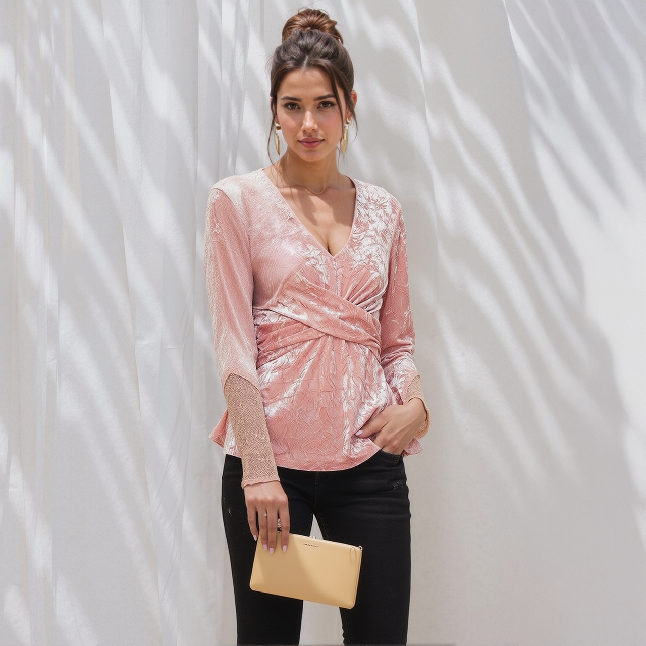 Women's Velvet Wrap Peplum Top In Peach