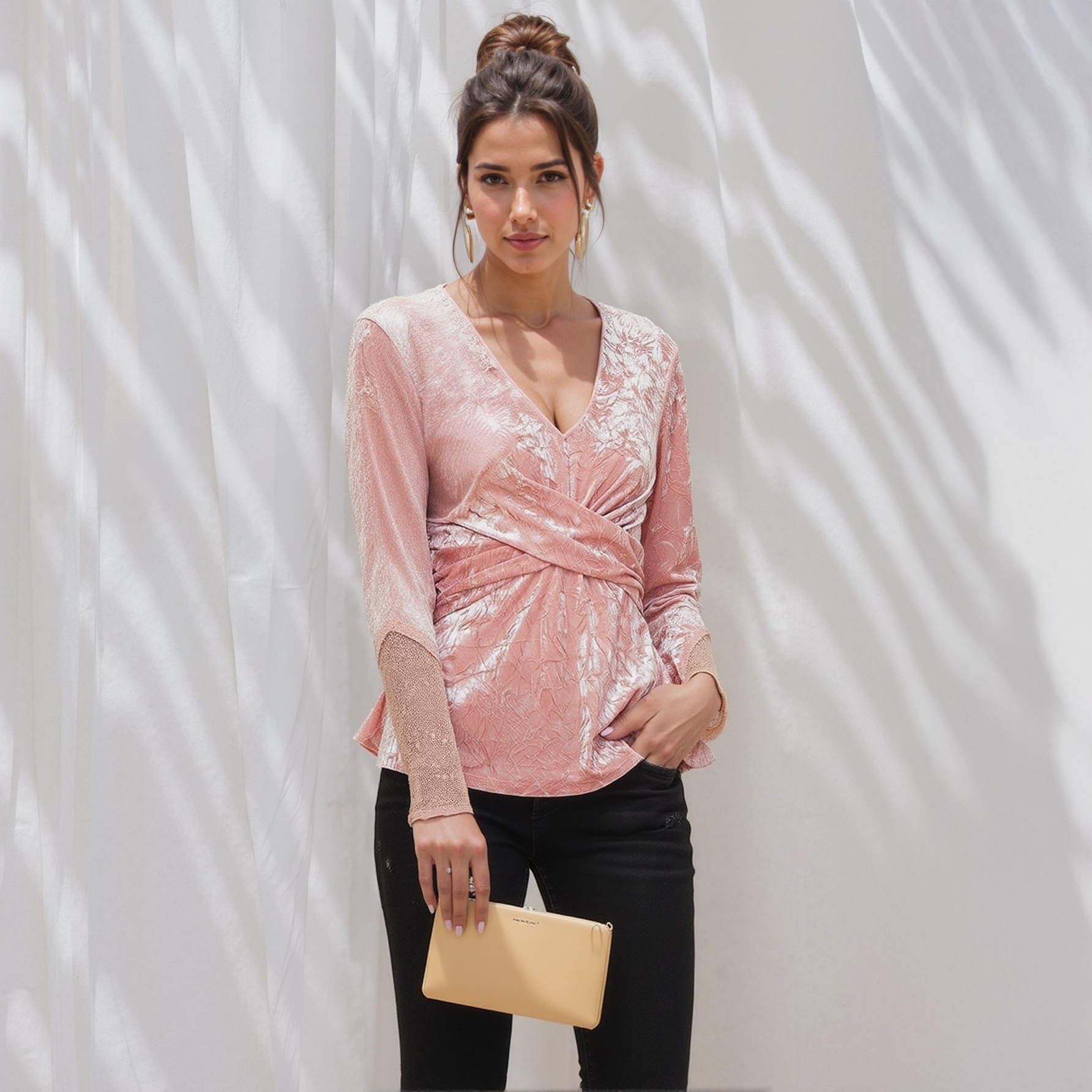 Women's Velvet Wrap Peplum Top In Peach