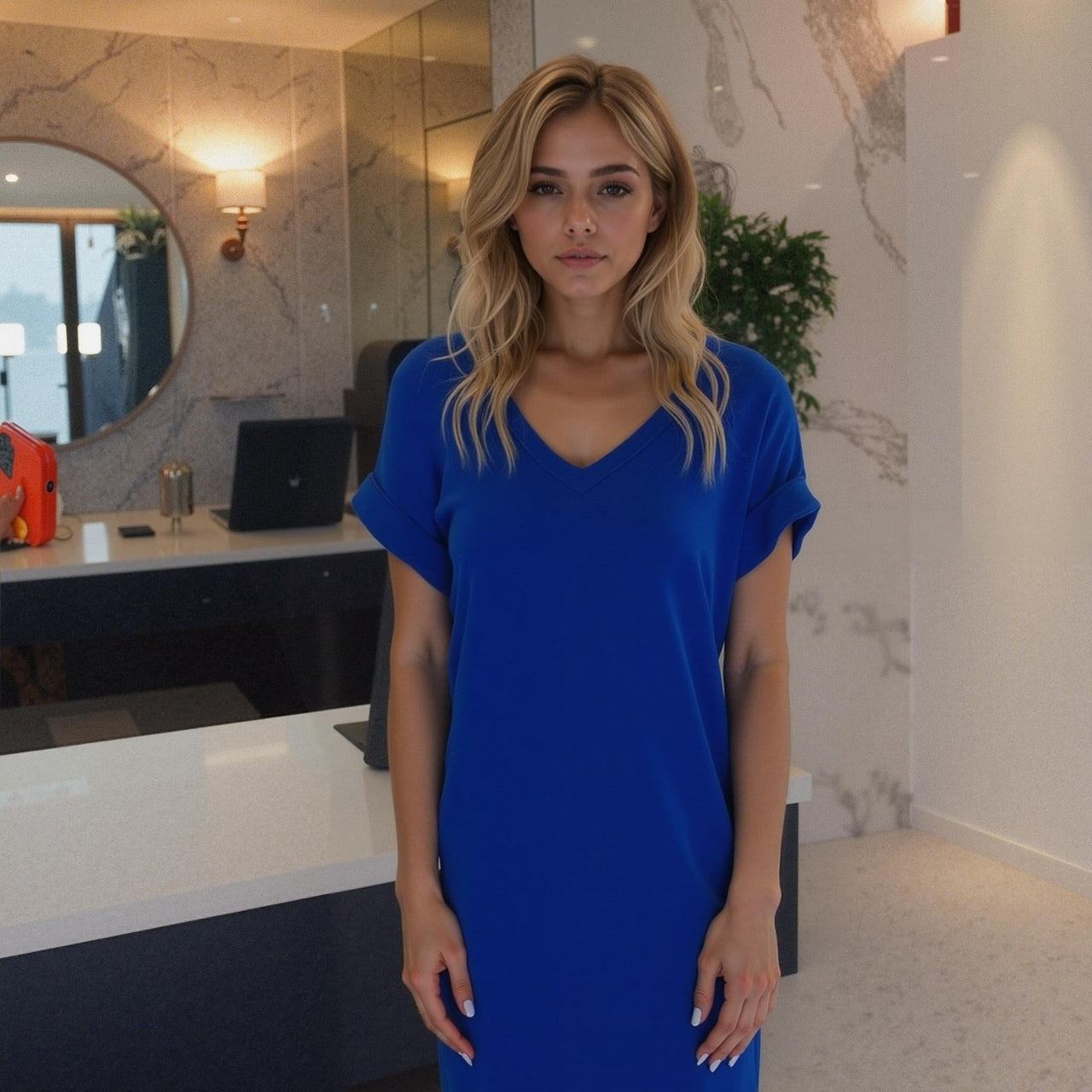 Women's V-Neck T-shirt Dress With Pocket