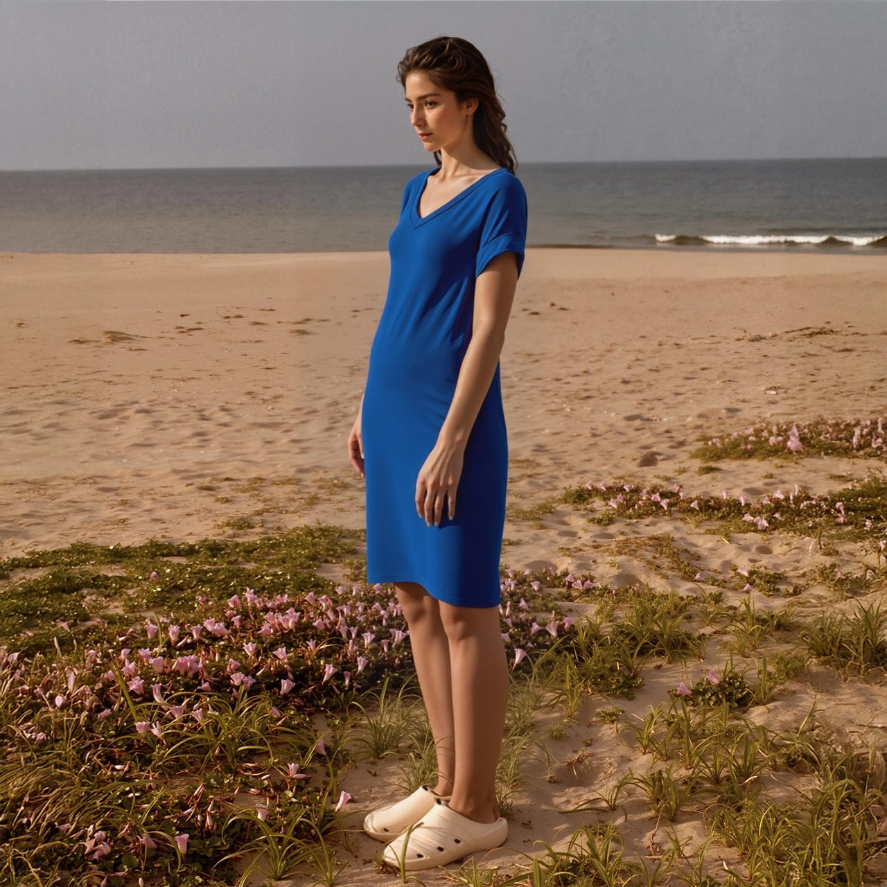 Women's V-Neck T-shirt Dress With Pocket