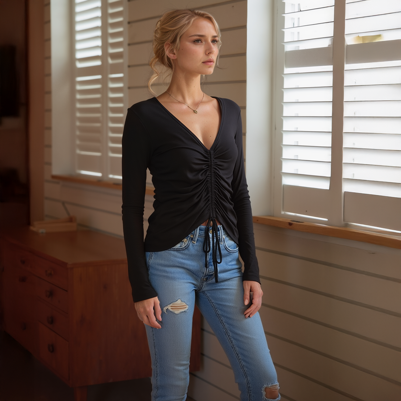 Women's V-Neck Ruched Top in Black