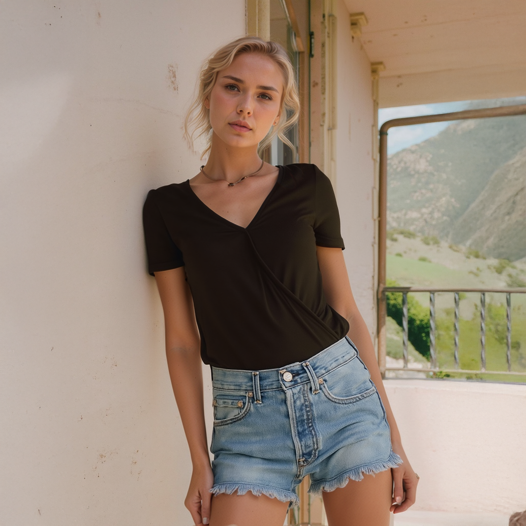Women's V-Neck SS Surplus Bodysuit in Black