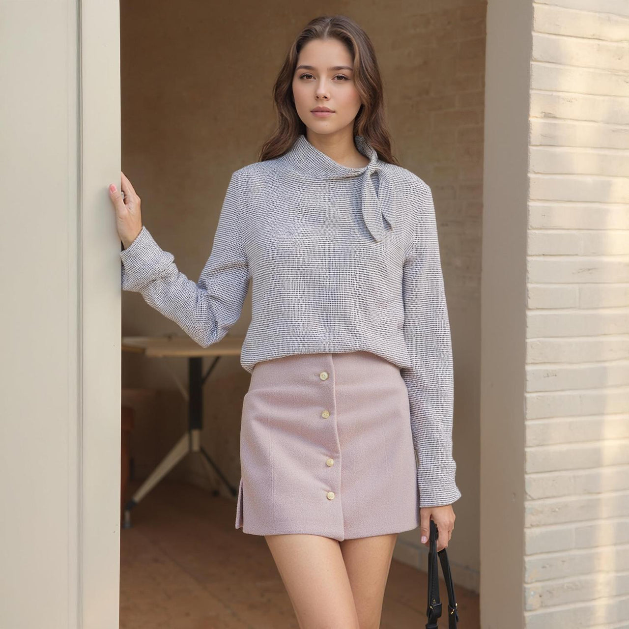 Pleione Women's Self-tie Mock Neck Sweater Top