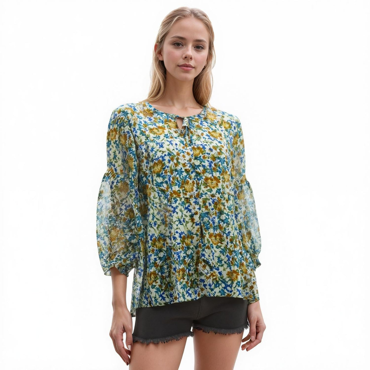Pleione Women's Tie Neck Floral Blouse