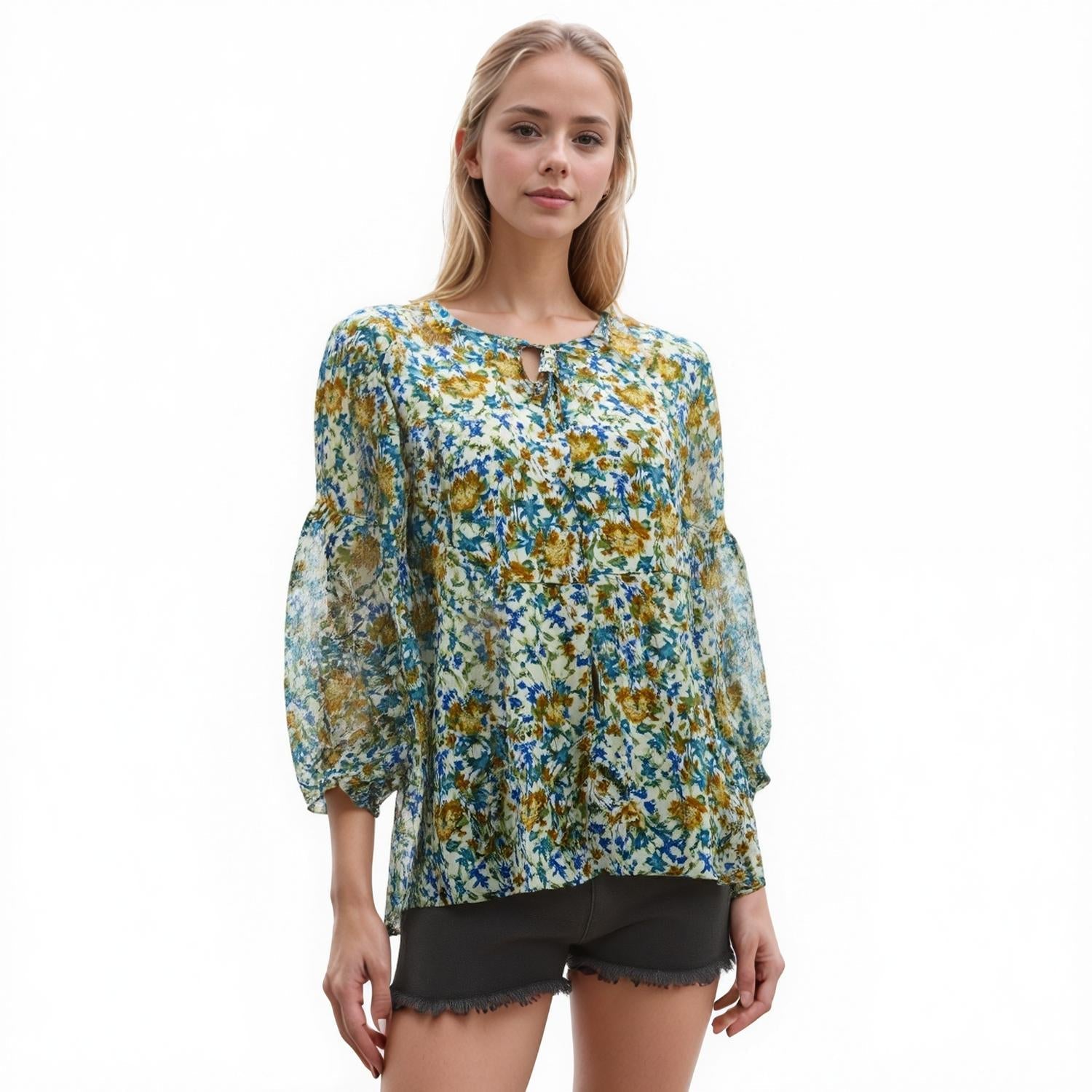 Pleione Women's Tie Neck Floral Blouse
