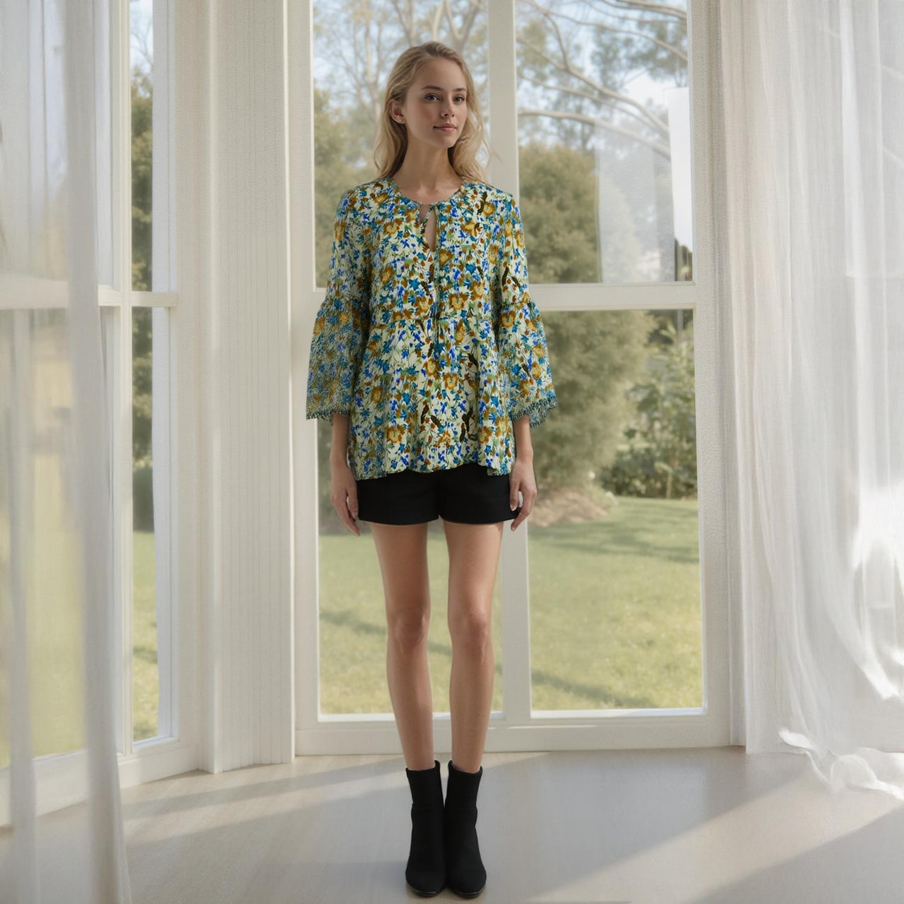Pleione Women's Tie Neck Floral Blouse
