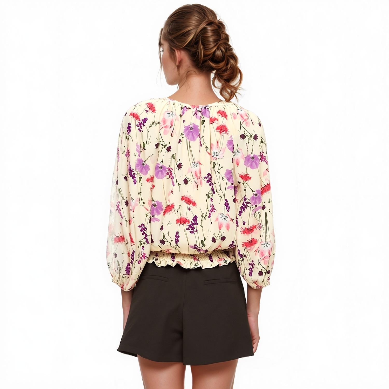 Pleione Women's Smocked Waist Tie Neck Blouse In Pink