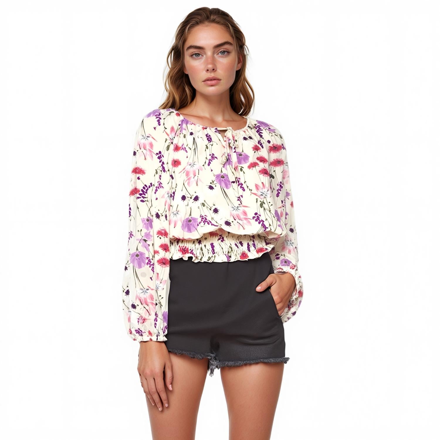 Pleione Women's Smocked Waist Tie Neck Blouse In Pink