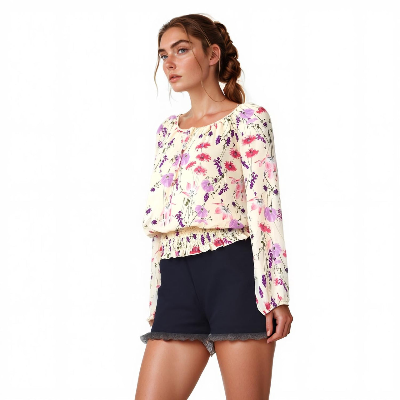 Pleione Women's Smocked Waist Tie Neck Blouse In Pink