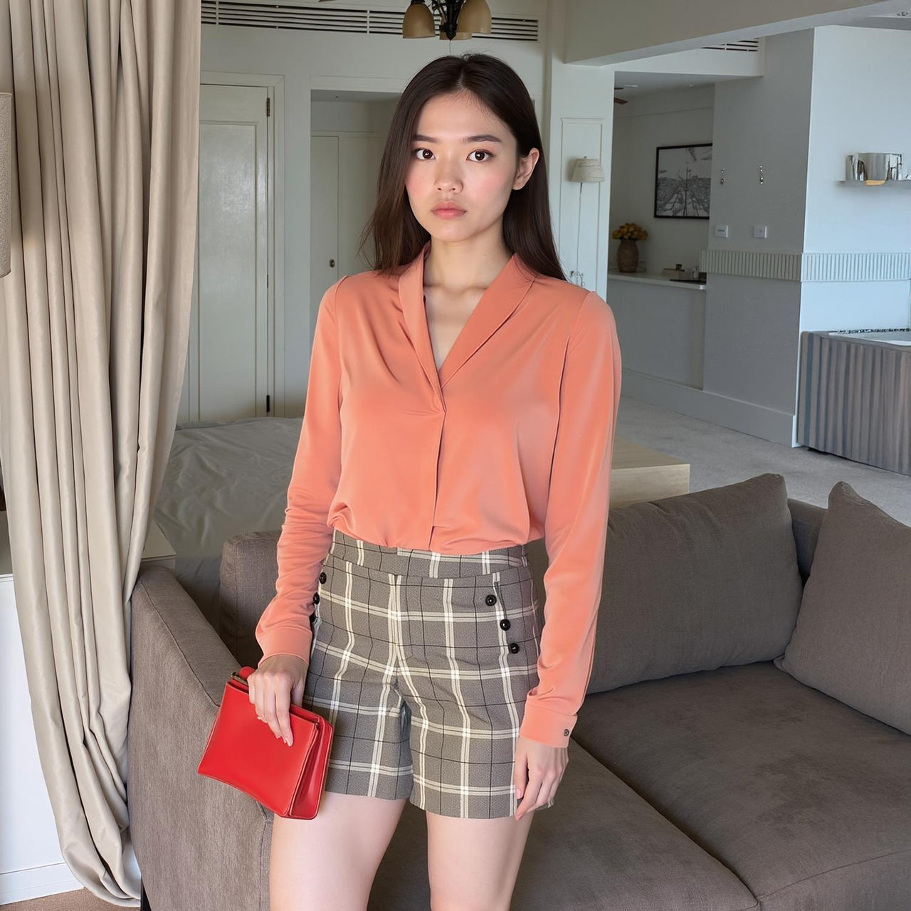 Pleione Women's Shawl Collared Shirt in Clay