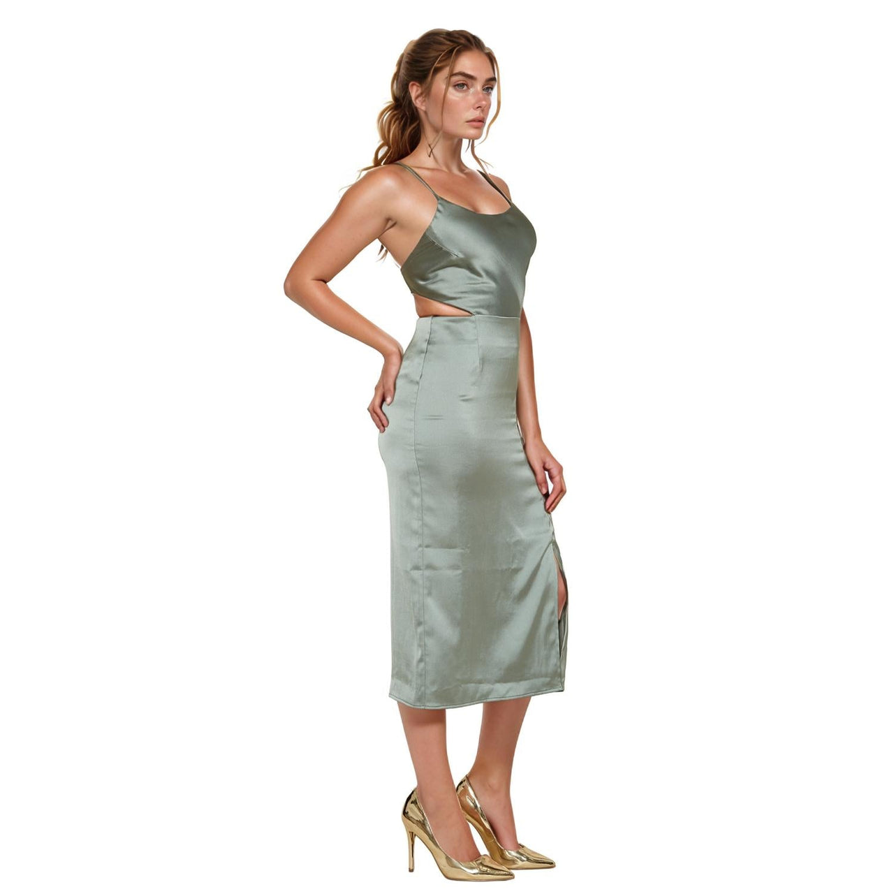 Sleeveless Satin Midi Dress in Sage