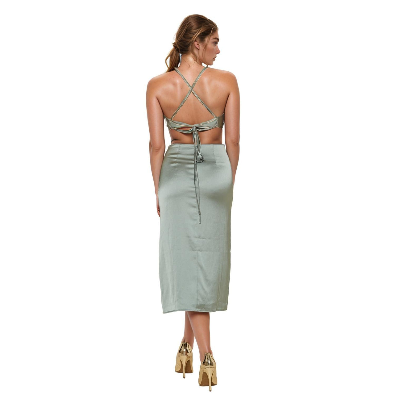 Sleeveless Satin Midi Dress in Sage