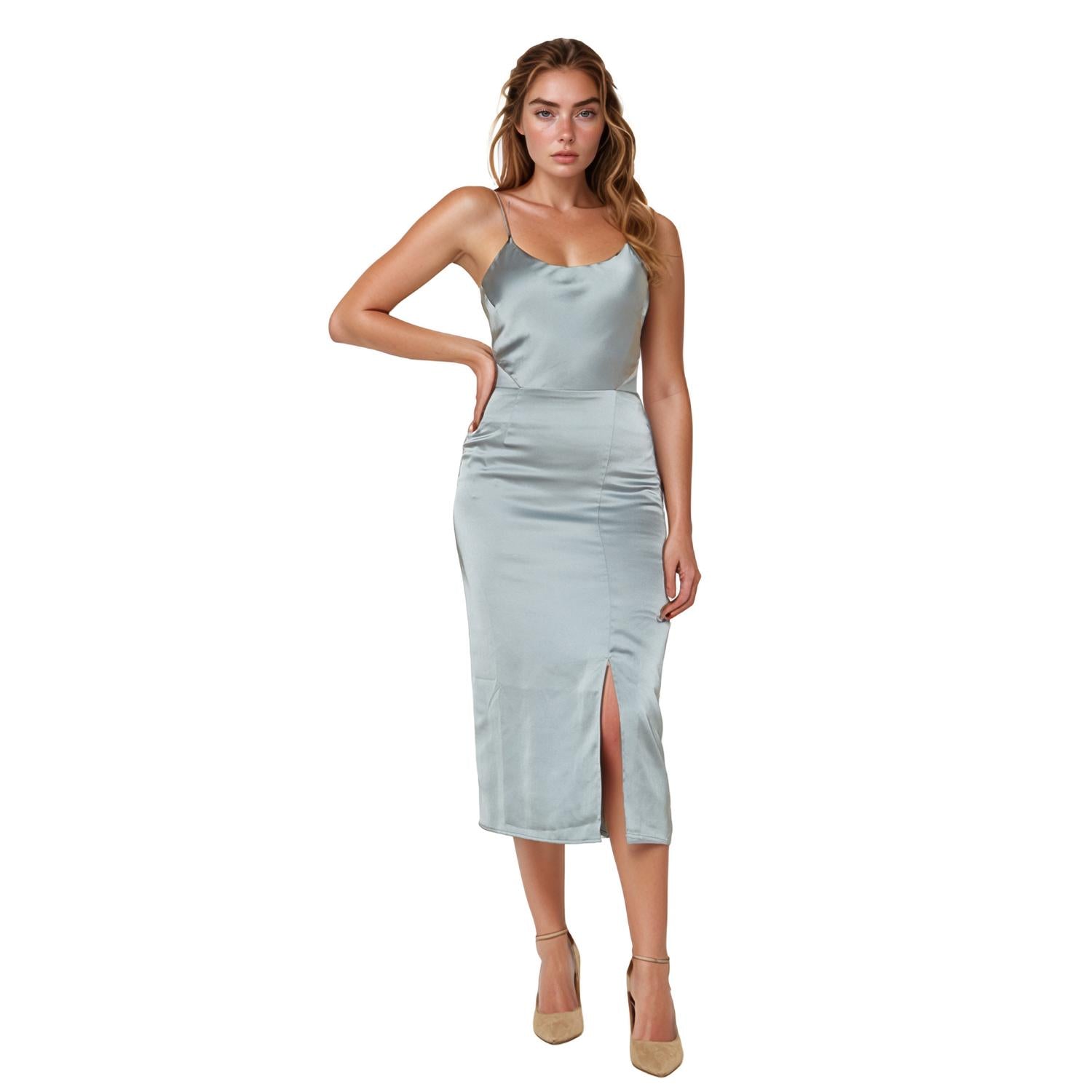 Sleeveless Satin Midi Dress in Vintage Blue