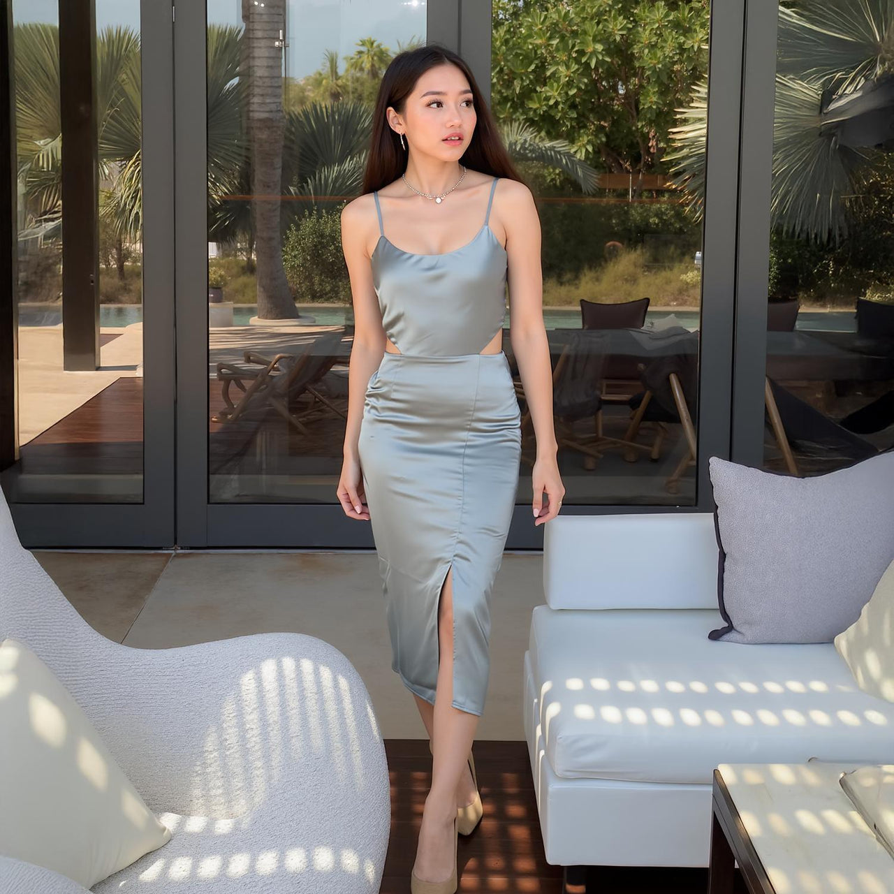 Sleeveless Satin Midi Dress in Vintage Blue
