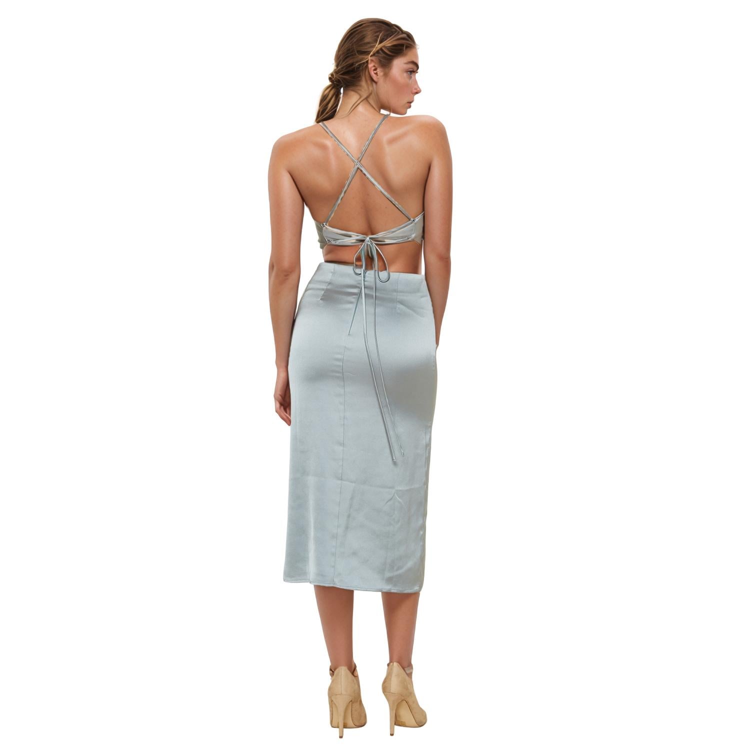 Sleeveless Satin Midi Dress in Vintage Blue