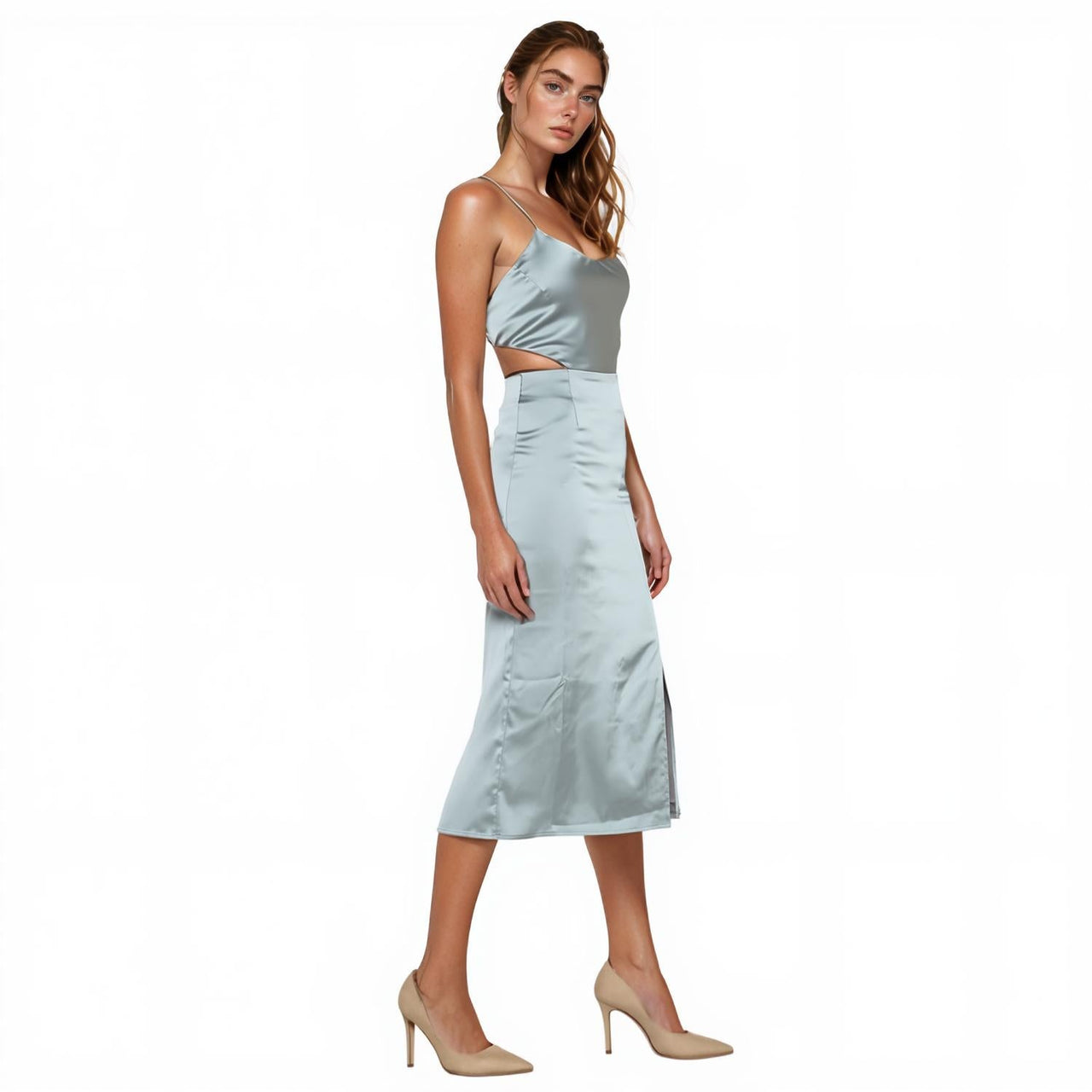 Sleeveless Satin Midi Dress in Vintage Blue