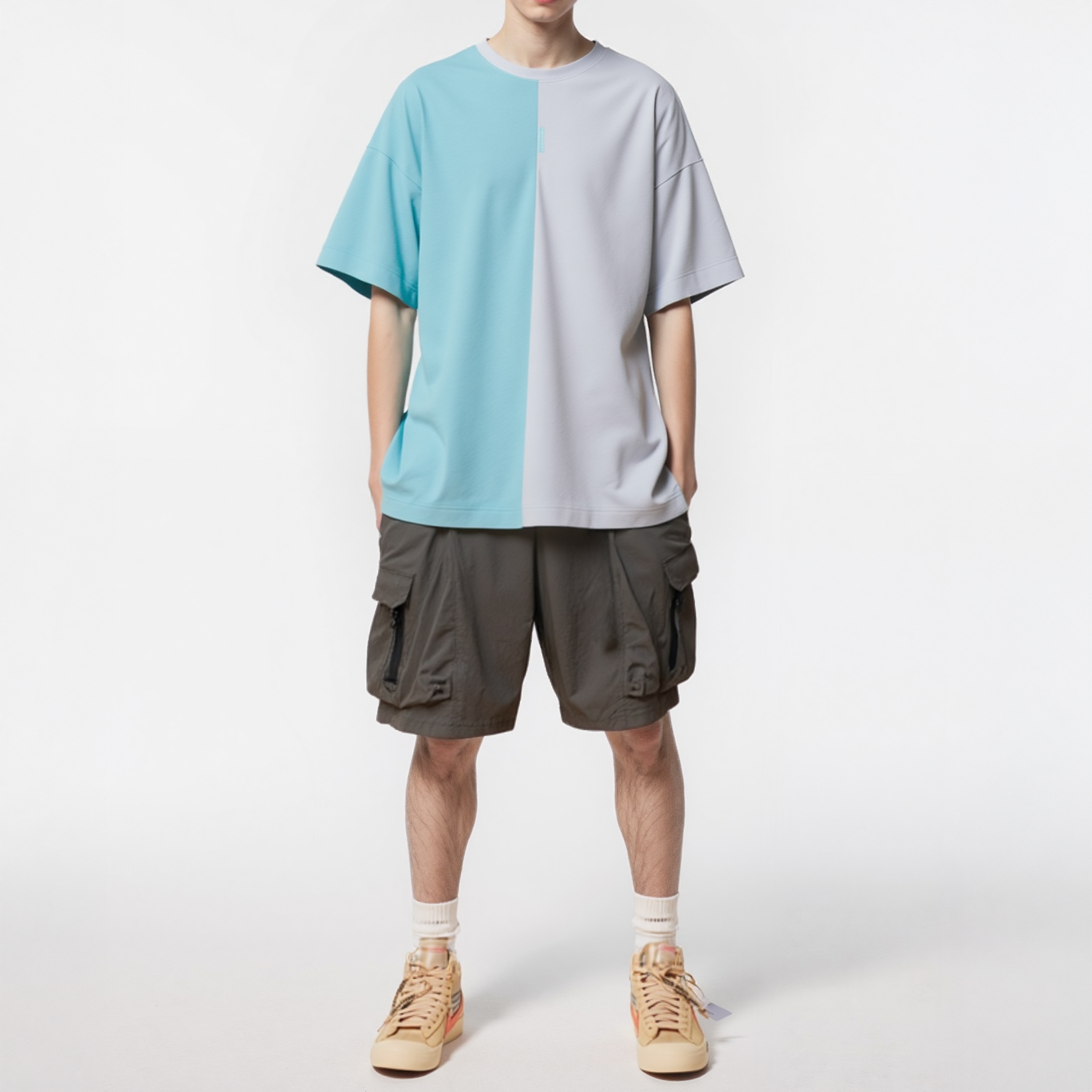 Color Blocked Oversize Tee with Reflective Tape in Teal