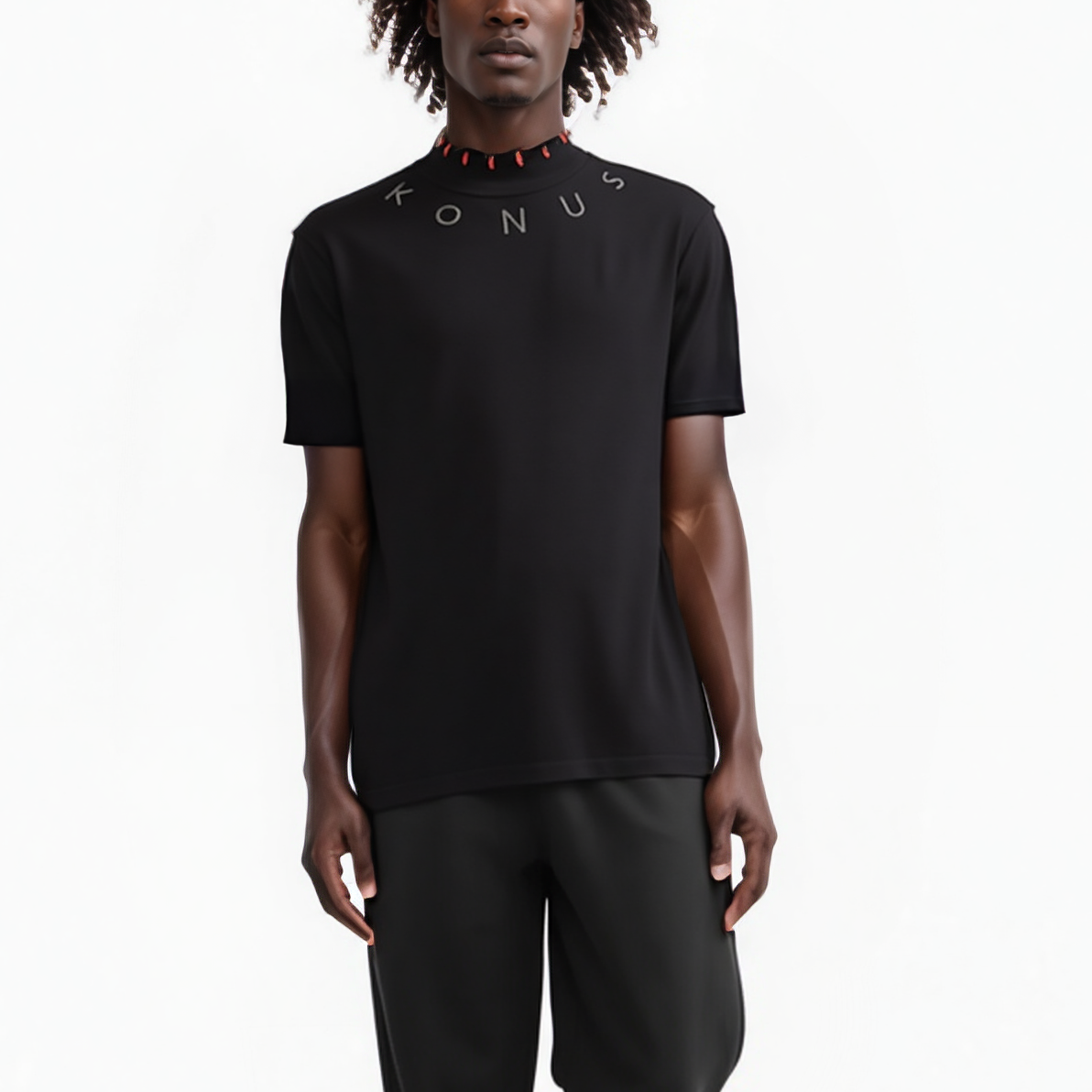 Konus Men's Black Fully Fashioned Short Sleeve Mock Neck Sweater