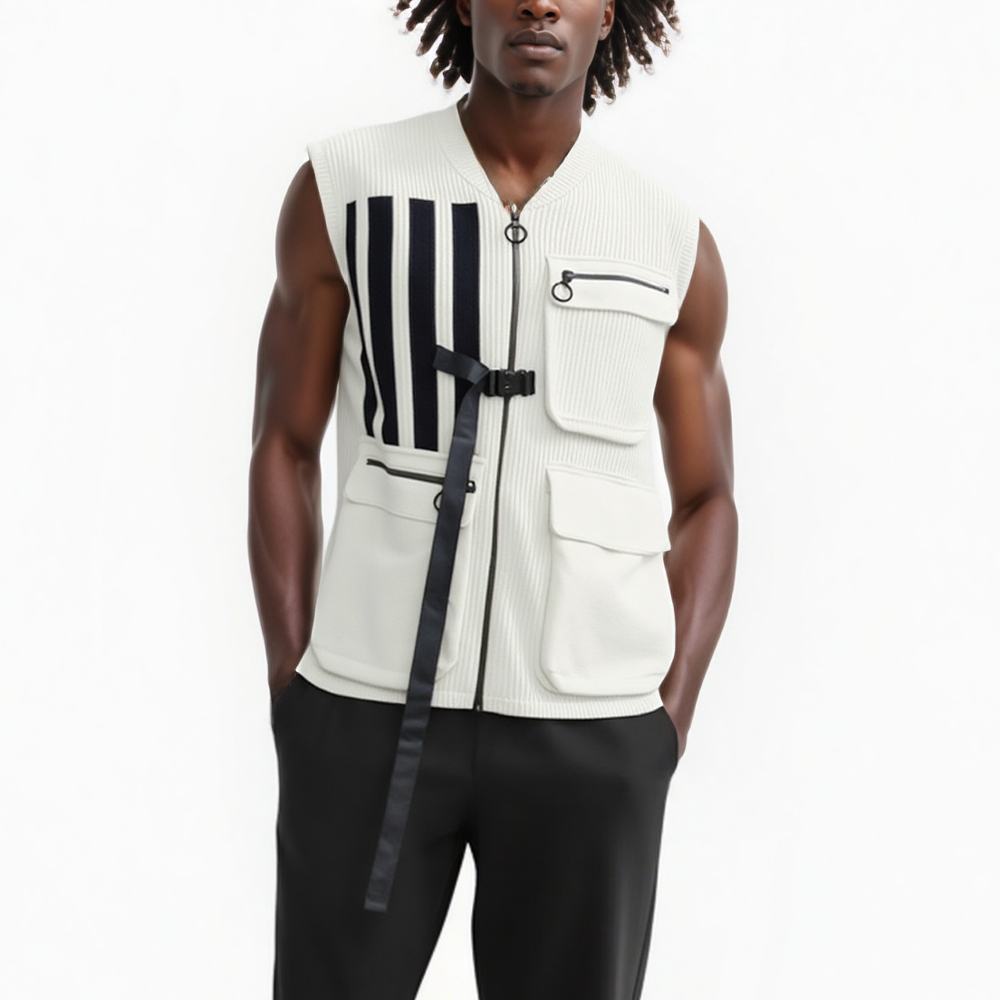 Konus Men's Sweater Utility Vest w/ Bellow Pockets in Off White
