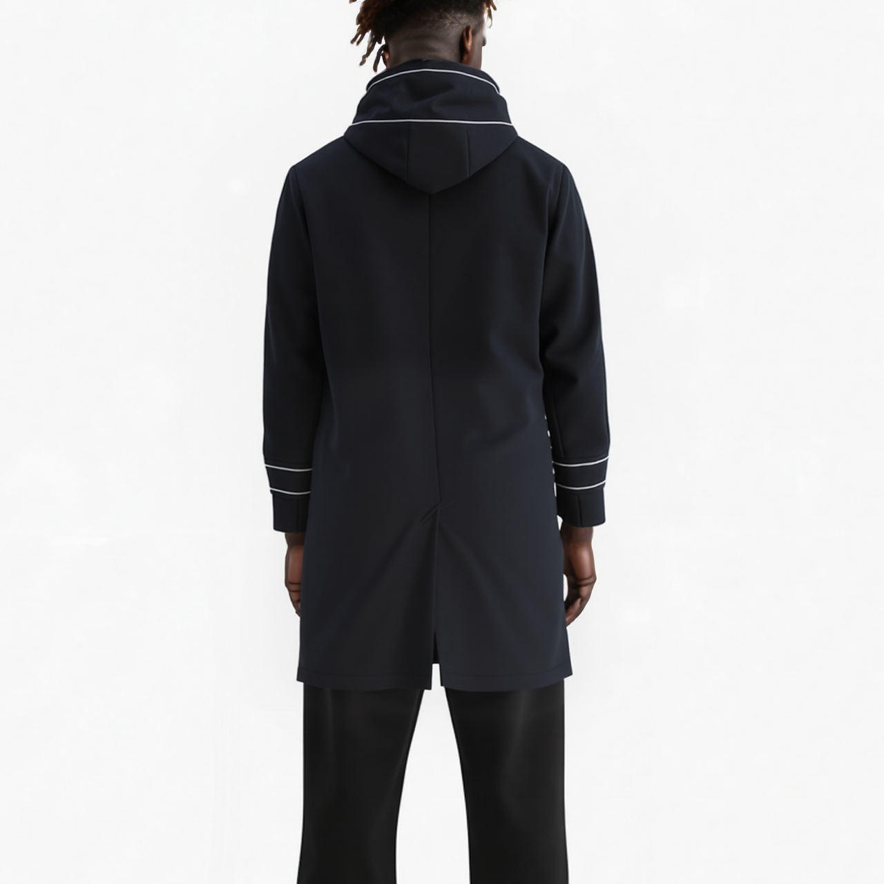 Men's Wool Blend Hooded Coat with Reflective Piping In Black