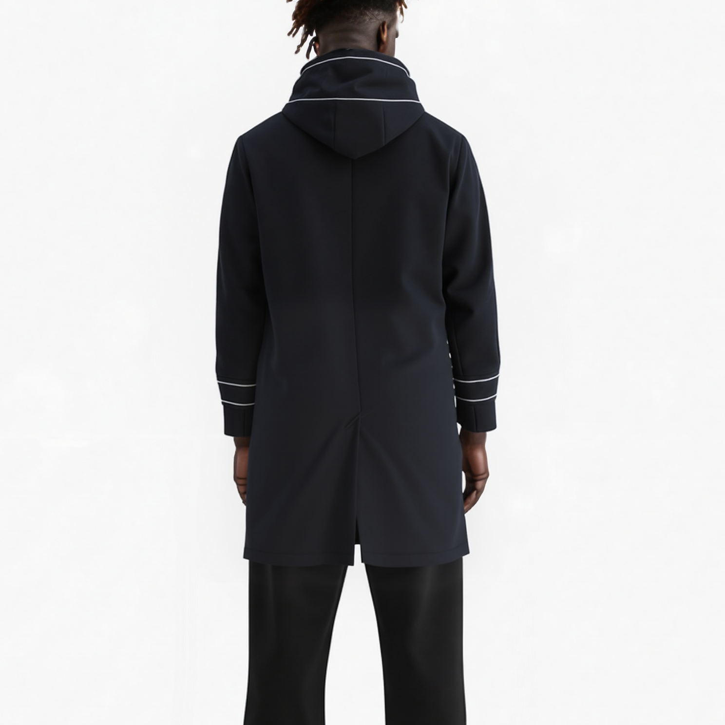 Men's Wool Blend Hooded Coat with Reflective Piping In Black