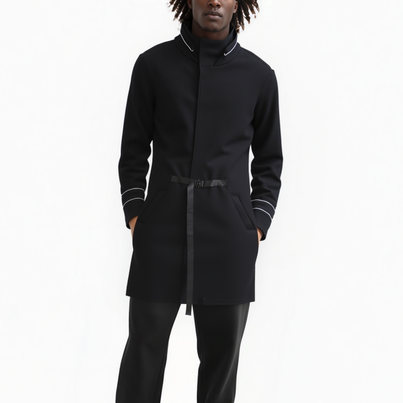 Men's Wool Blend Hooded Coat with Reflective Piping In Black