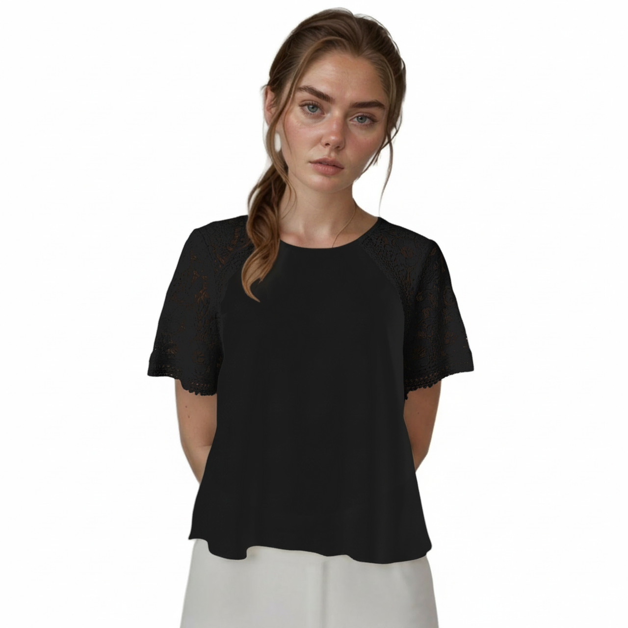 Pleione Women's Lace Sleeve Blouse
