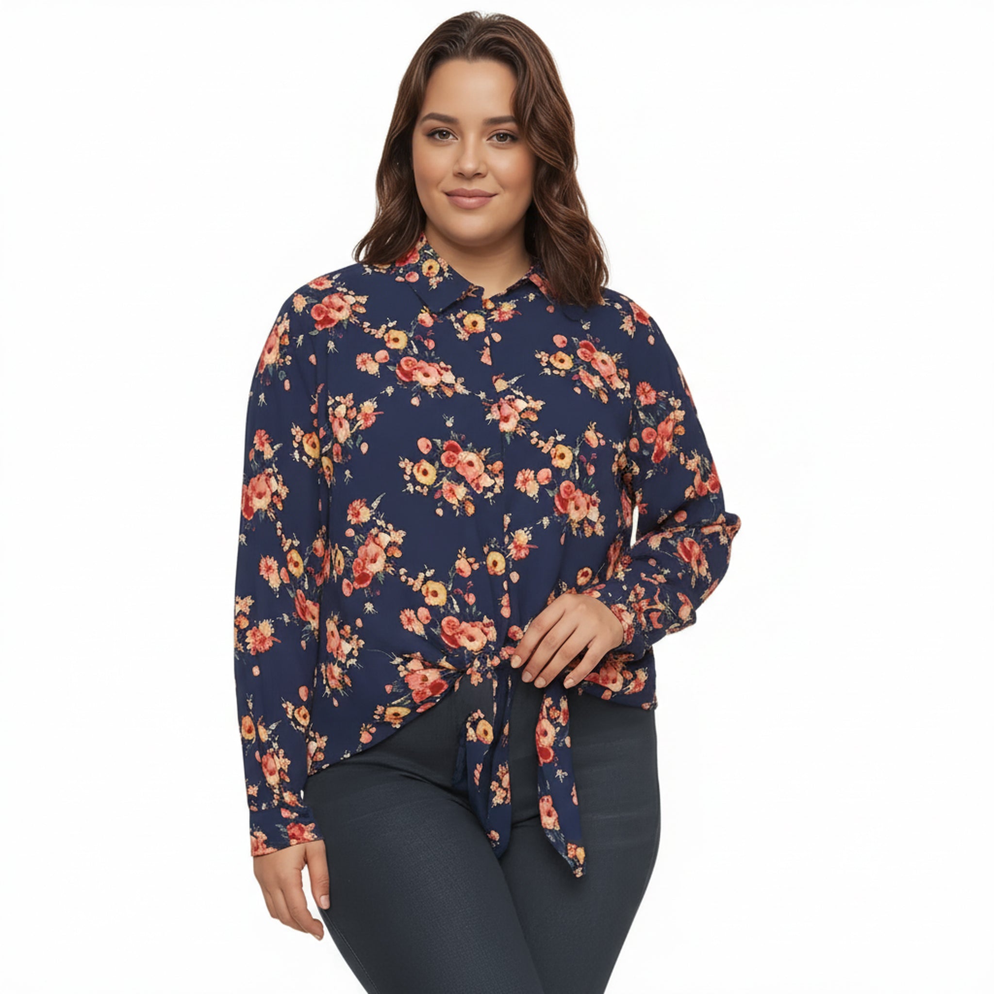 Pleione Plus Tie-Front Button-Down Blouse
