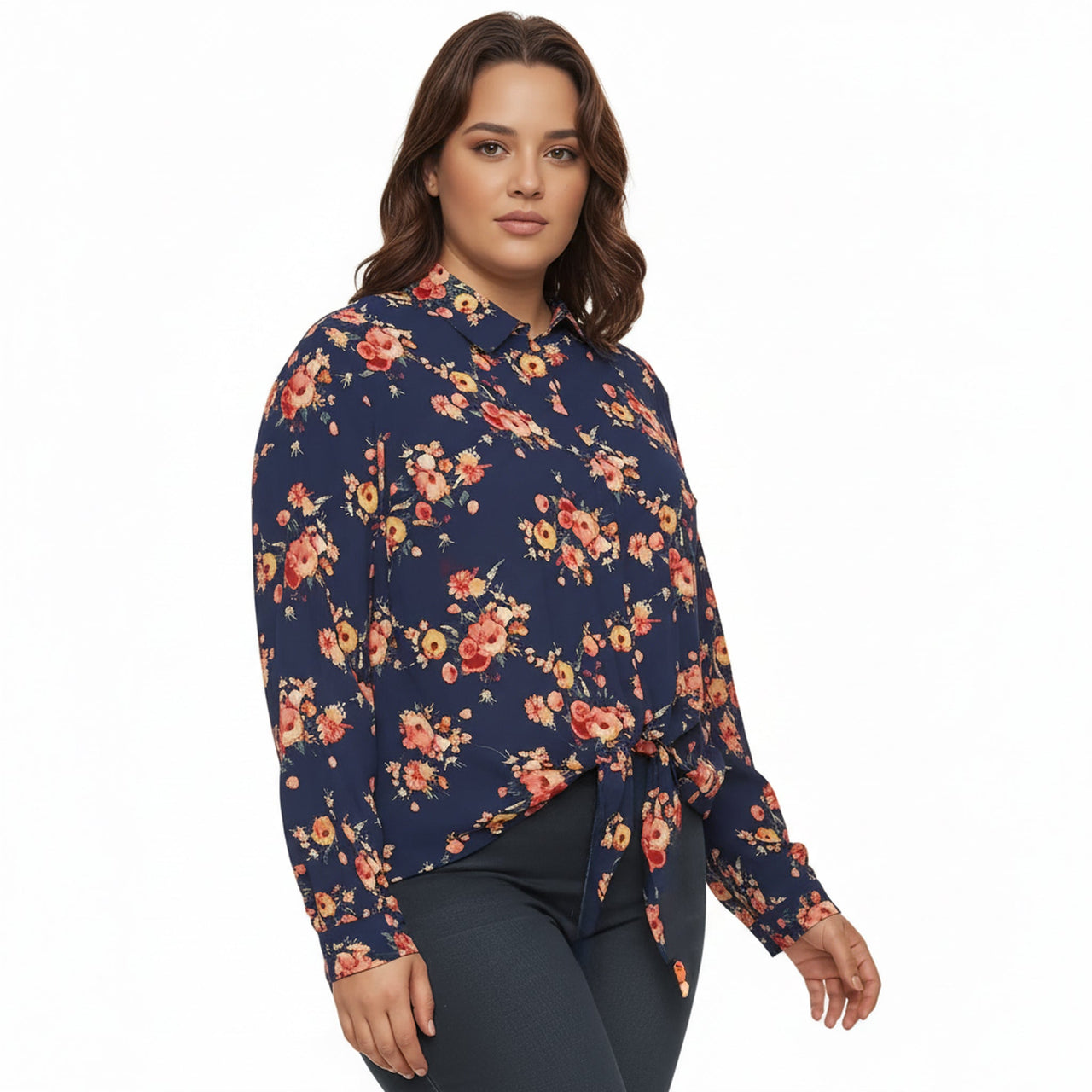 Pleione Plus Tie-Front Button-Down Blouse