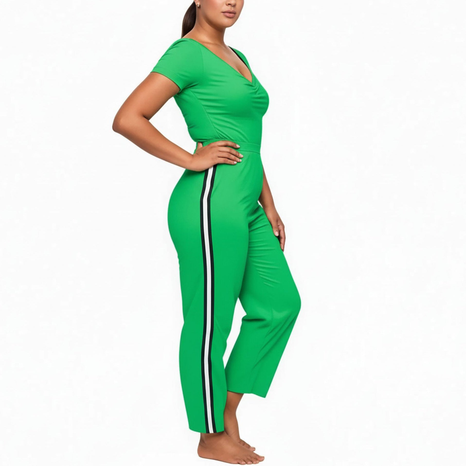 Pleione Plus Size Women's Striped Side Binding Pants In Green