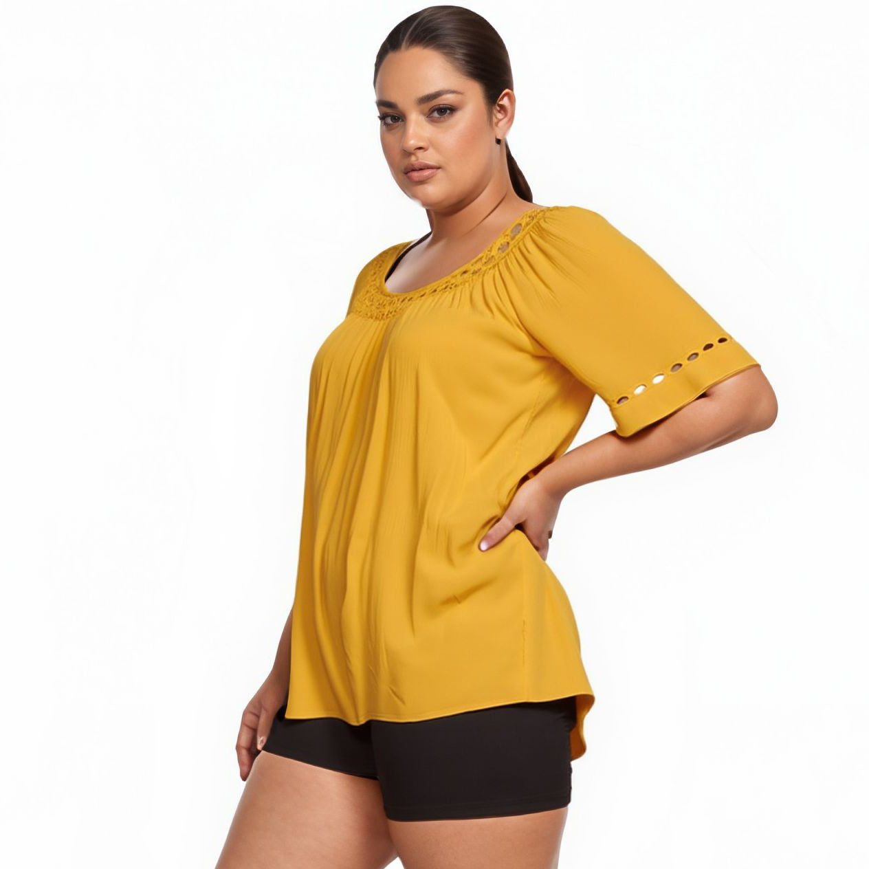 Pleione Plus Size Pleated Short Sleeve Blouse Top
