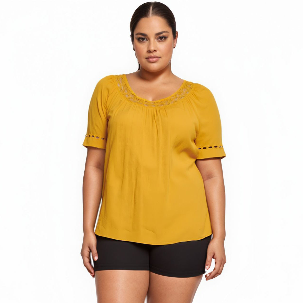 Pleione Plus Size Pleated Short Sleeve Blouse Top
